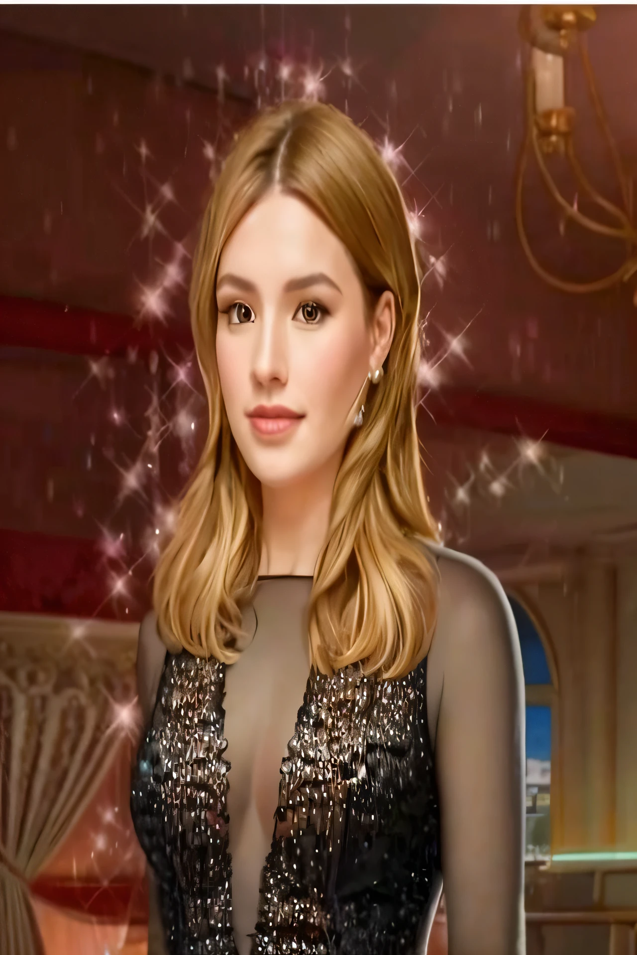 a woman in a black dress standing in a room with a chandelier, inspired by Adrienn Henczné Deák, inspired by Emma Ríos, inspired by Rosalie Emslie, inspired by Dóra Keresztes, inspired by Elina Karimova, inspired by Galen Dara, inspired by Emma Andijewska