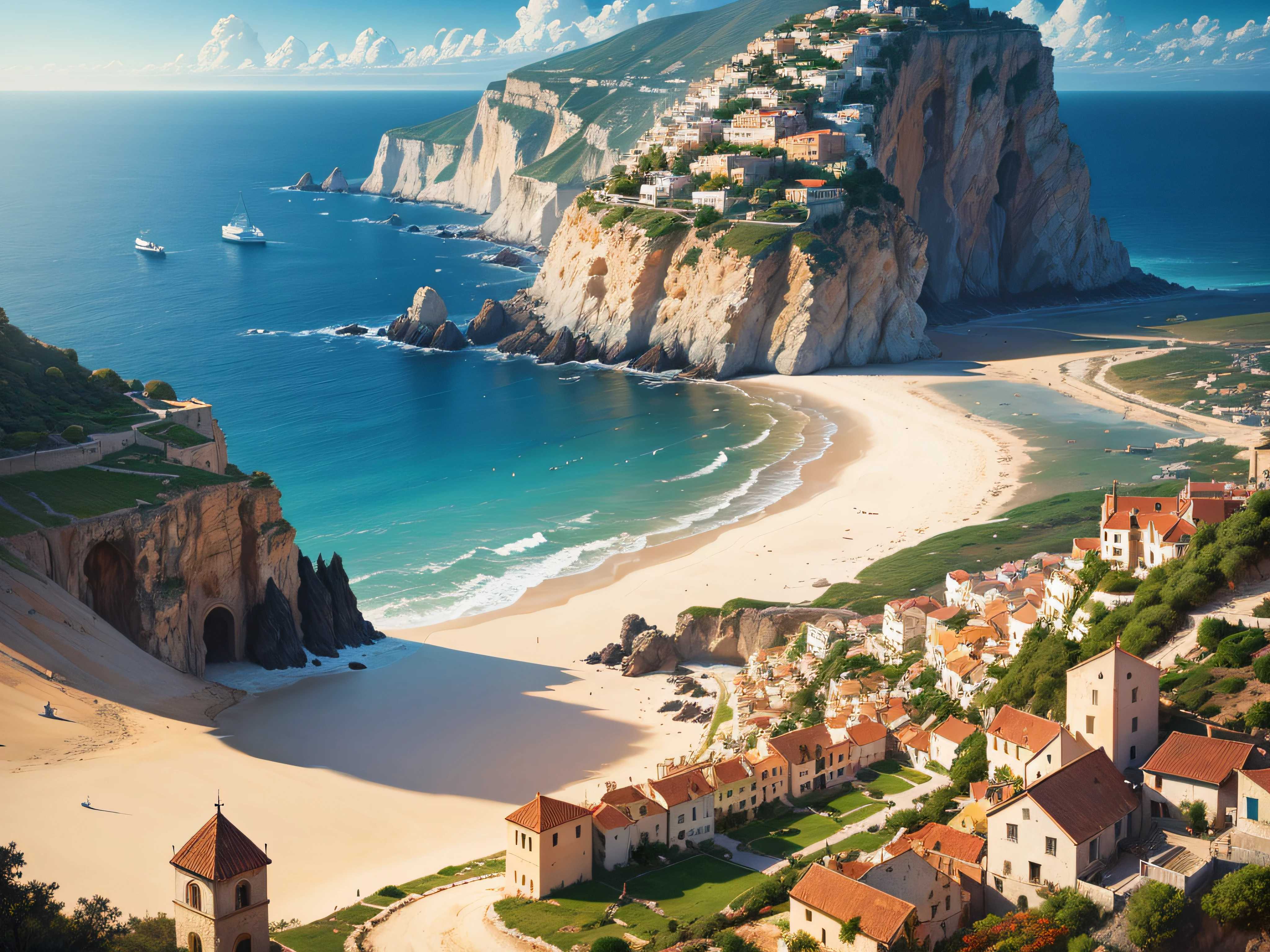 A beautiful painting of a mediterranean cliffside town , ocean view, meaningful scene that is moody in the style of Thomas Kinkade ,HD 4k , seamless texture
