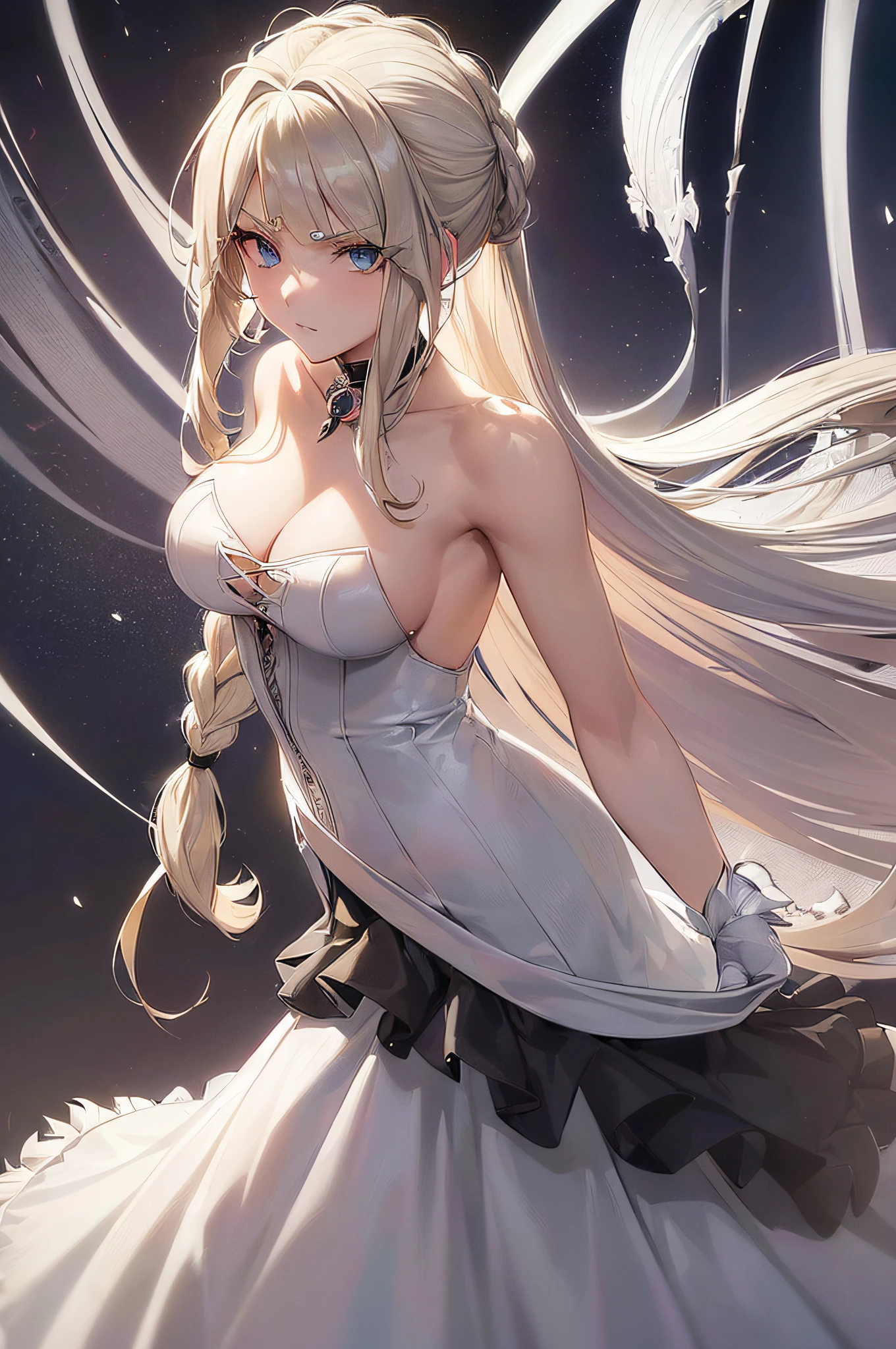 Anime, ((Highschool DxD Style)), ((best quality)), ((masterpiece)), (detailed), perfect face, (best quality), high resolution, ((masterpiece)), 4k, portrait, ((from above)), (upper body), ((1girl)), (((detailed silver blonde flowing hair tied in half-down braid))), ((((swept bangs hairstyle)))), ((bright blue eyes)), (c-cup breasts), long legs, ((narrow eyes)), (((wearing aristocratic white dress with black accents and fur trimming))), ((((black fur collar)))), gems, (opera gloves), stoic, scowl, elegant, standing, ((arm crossed)), castle ballroom background