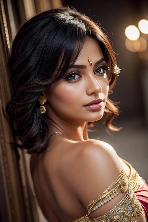 [[Pixie with Side Swept Bangs]] Portrait of most beautiful and attractive Indian woman in her 30s as a beautiful female model, beautiful face, dramatic lighting, trending on art-station, portrait, digital art, modern, sleek, highly detailed, formal, determined, pink liner lipstick, soft lips, black eyes, happy,