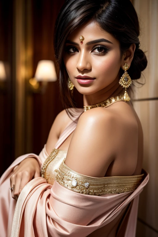 [[Pixie with Side Swept Bangs]] Portrait of most beautiful and attractive Indian woman in her 30s as a beautiful female model, beautiful face, dramatic lighting, trending on art-station, portrait, digital art, modern, sleek, highly detailed, formal, determined, pink liner lipstick, soft lips, black eyes, happy,