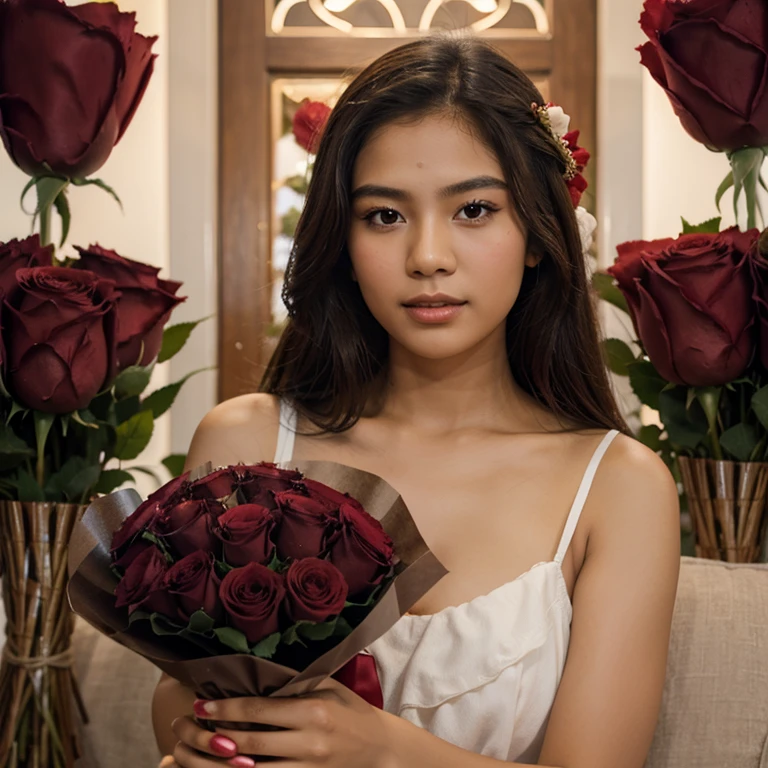 Create an Young Filipino Image Holding a bouquet of Red love roses and Chocolate