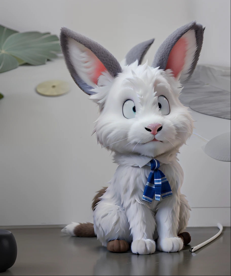 A furry white rabbit sitting on a white floor