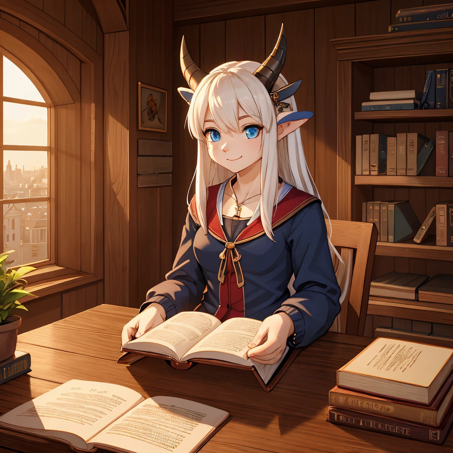 A girl, with white hair, blue eyes and dragon horns, wearing the casual outfit of a medieval student, smiling, sitting having finished studying an old book. In the room, a desk with some books, a bookshelf organized and an open window, looking like a big medieval city.