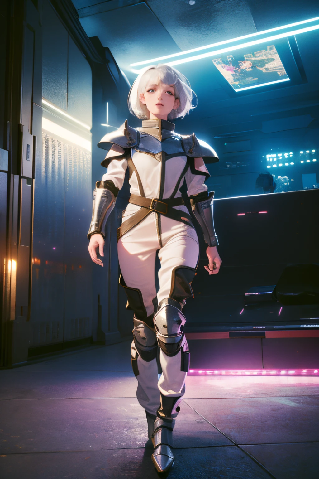 (((masterpiece))), (((best quality))), ((ultra-detailed)), (cinematic lighting), (illustration), (beautiful detailed eyes), (1girl), full body, space, knight, armour, light hair, skirt, walking, medieval city, lasers, best quality, expressive eyes, perfect face, Girl: (20s, white hair, short hair, jumpsuit, silver armour),