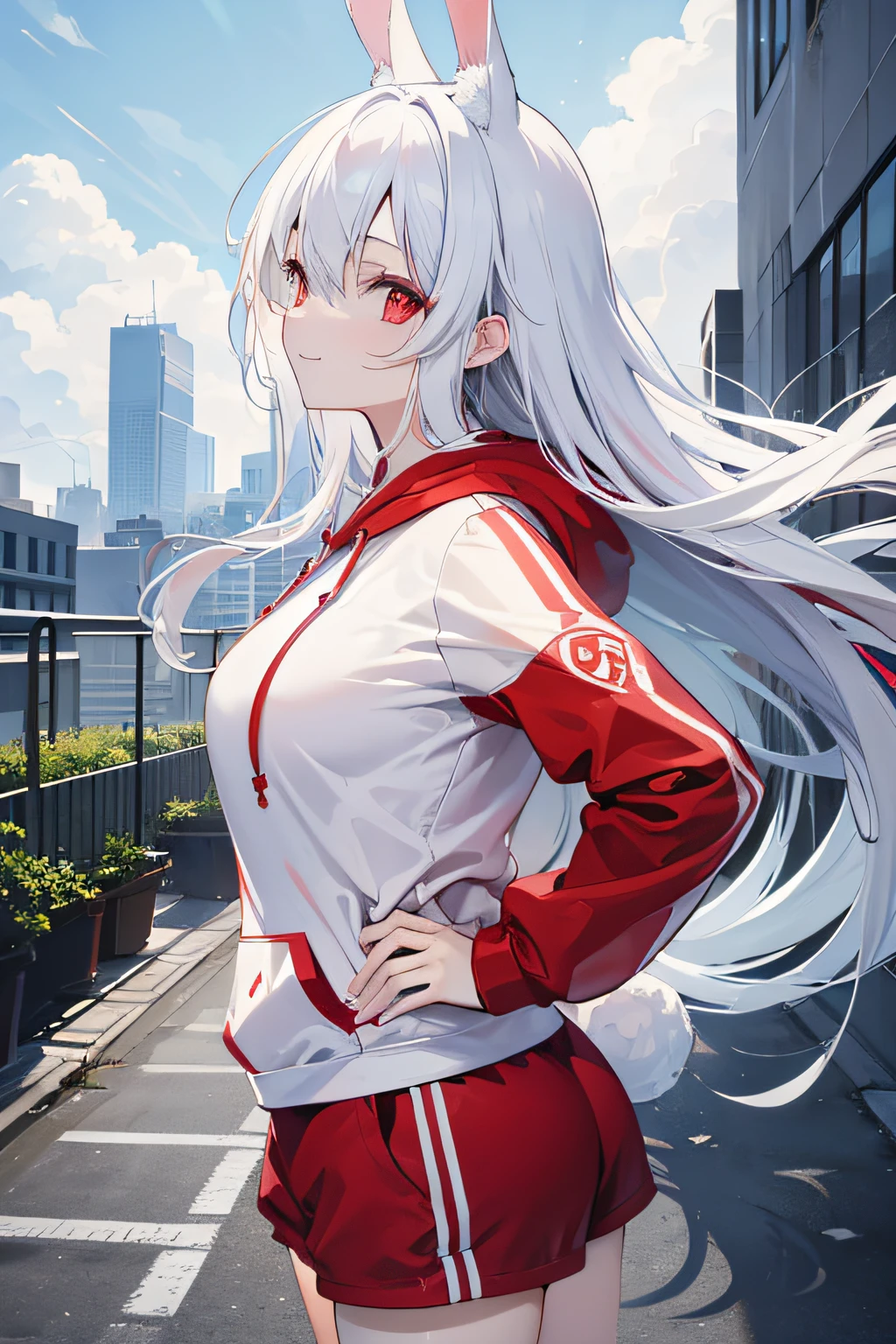 Anime style, high resolution, (masterpiece), 4k, portrait, ((from side)), (full body), ((1woman)), cute, ((upper body)), (((detailed white waist length flowing hair))), (rabbit ears), (red eyes), (medium breasts), wide hips, ((red-white hoodie)), (black shorts), mischievous smile, narrowed eyes, standing, on the edge of roof (hands on hips), day time, modern city, blowing wind, cloudy sky