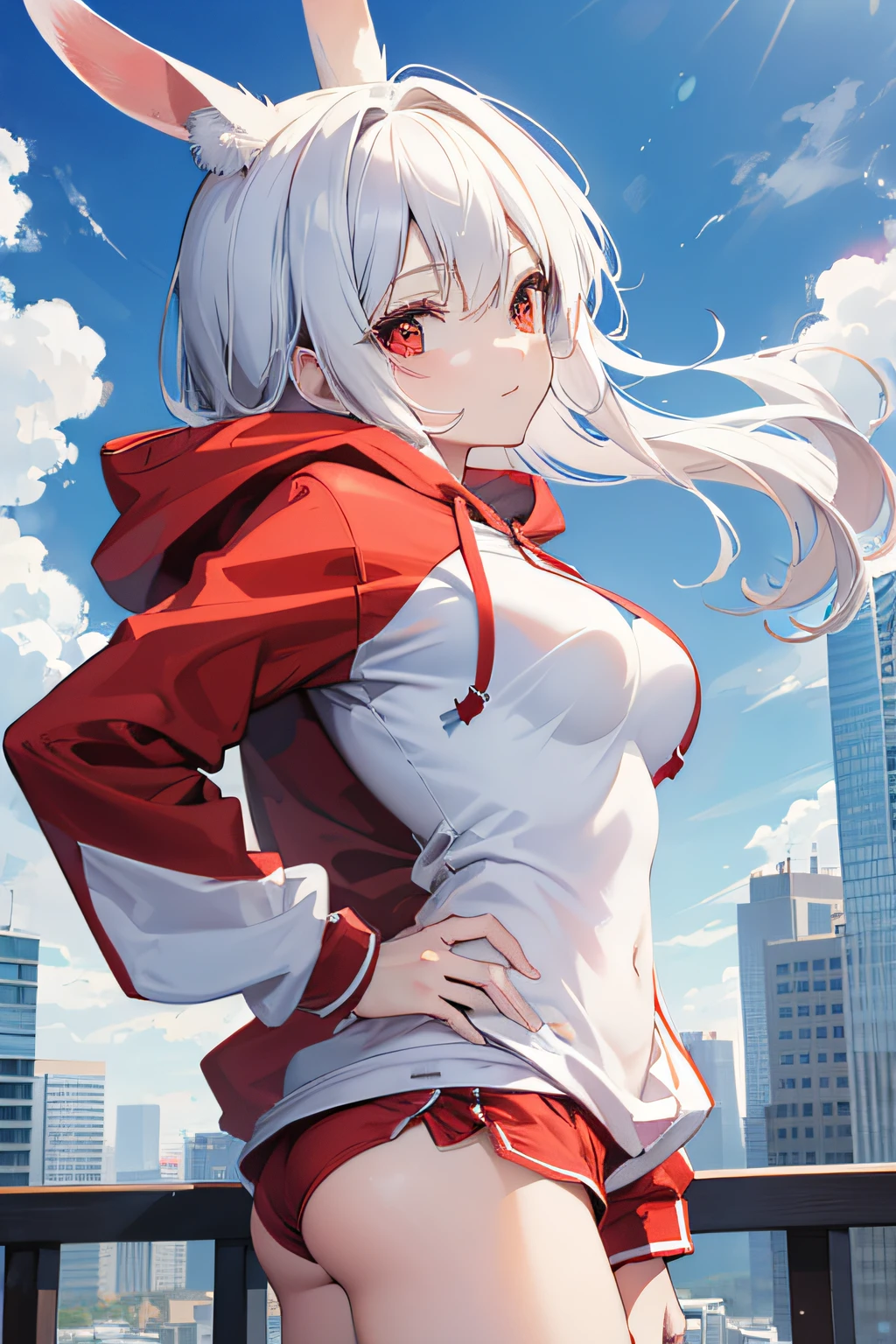 Anime style, high resolution, (masterpiece), 4k, portrait, ((from side)), (full body), ((1woman)), cute, ((upper body)), (((detailed white waist length flowing hair))), (rabbit ears), (red eyes), (medium breasts), wide hips, ((red-white hoodie)), (black shorts), mischievous smile, narrowed eyes, standing, on the edge of roof (hands on hips), day time, modern city, blowing wind, cloudy sky