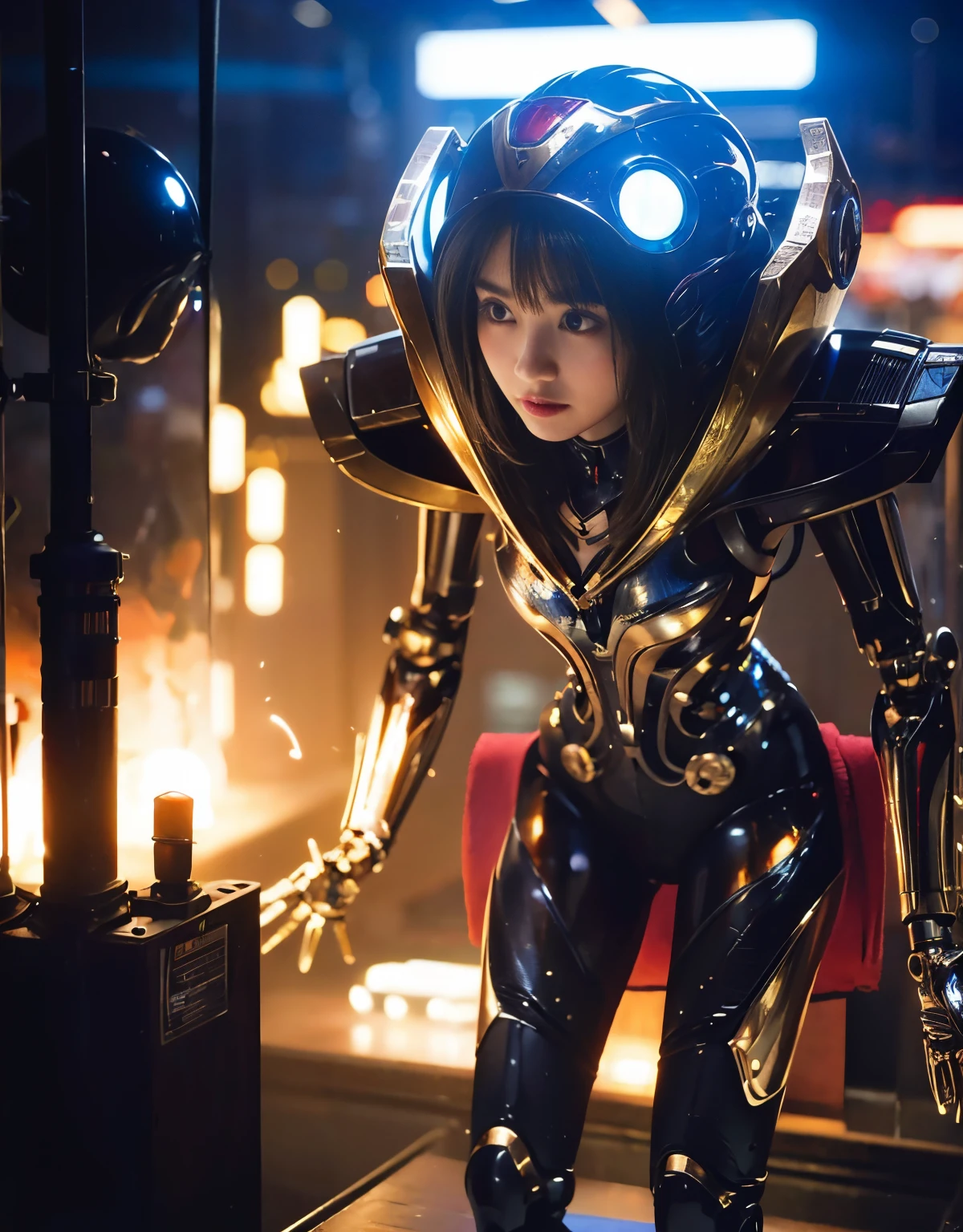 (1 mechanical girl and 1 alien)、(Mystical expression)、top-quality、masterpiece、超A high resolution、(Photorealsitic:1.4)、Raw photo、女の子1人、glowy skin、(((1 Mechanical Girl)))、((transparent crystal suit bodysuit、The body can see through)).(Natural alien background to fight aliens)、(Small LED)、((super realistic details))),globalillumination、Shadow、octan render、8K、ultrasharp、Robot background、Colossal tits、Raw skin exposed in the cleavage、red metal、Details of complex ornaments、Japan details、highly intricate detail、Realistic light、(Mystical expression),CG Society Trenlow Eyes、Eyes shining towards the camera、Mechanical marginal blood vessels connected to neon detail tubes)、(Wires and cables connecting to the head)、Small LED、,Mechanical thighs、Toostock、(Hands are also made of machines)、机器人、future alien、Please wear a mechanical helmet、
