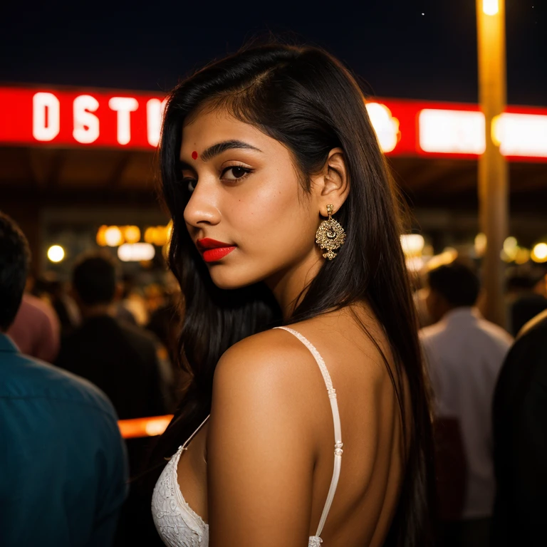 Indian girl, Desi, high Detail RAW color Photo, Full Shot, front angle, of ( wearing panties , no shirt ), wearing heals, red lipstick, fair skin, in front of nigh club, looking at the camera, (in background night club), perfect face, seductive look, (detailed skin, diffused skin pores)