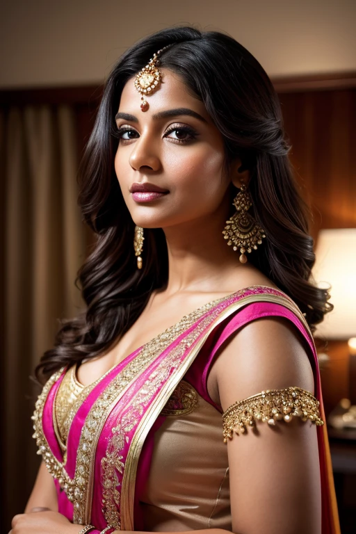 [[Wispy Layers]] Portrait of most beautiful and attractive Indian woman in her 30s as a beautiful female model, beautiful face, dramatic lighting, trending on art-station, portrait, digital art, modern, sleek, highly detailed, formal, determined, pink liner lipstick, soft lips, black eyes, happy,