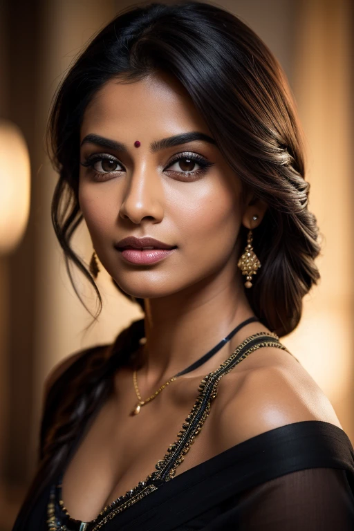 [[Wispy Layers]] Portrait of most beautiful and attractive Indian woman in her 30s as a beautiful female model, beautiful face, dramatic lighting, trending on art-station, portrait, digital art, modern, sleek, highly detailed, formal, determined, pink liner lipstick, soft lips, black eyes, happy,