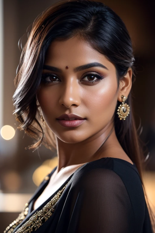 [[Wispy Layers]] Portrait of most beautiful and attractive Indian woman in her 30s as a beautiful female model, beautiful face, dramatic lighting, trending on art-station, portrait, digital art, modern, sleek, highly detailed, formal, determined, pink liner lipstick, soft lips, black eyes, happy,