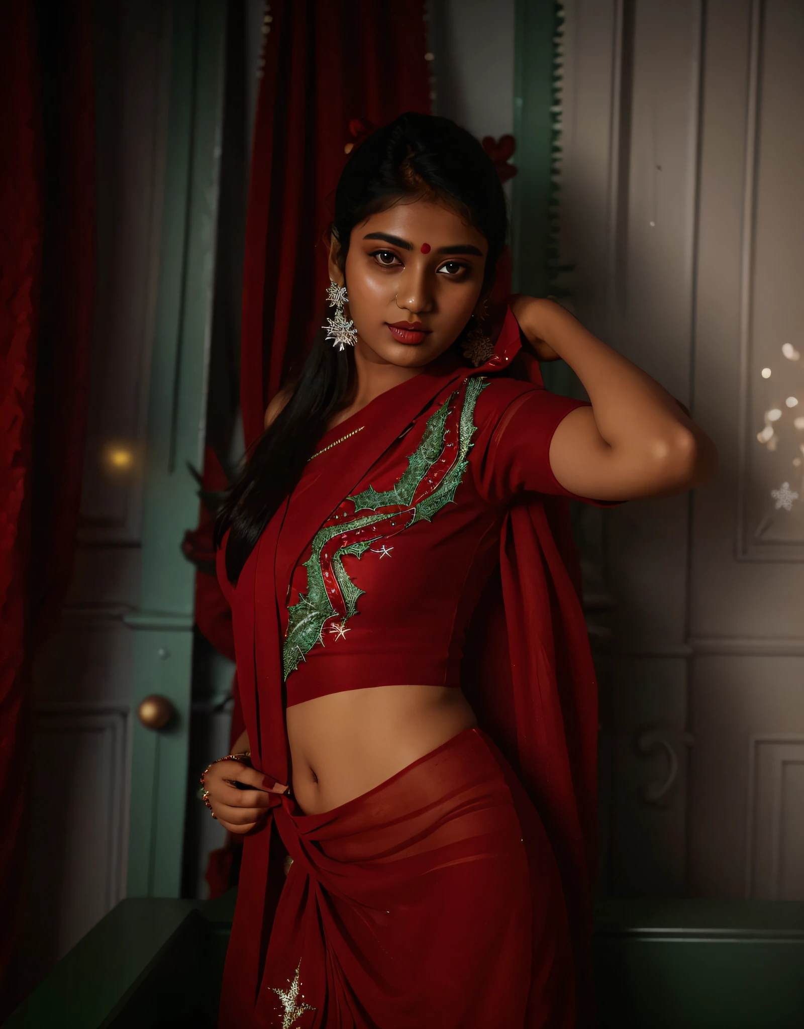 18 year old, female Bengali model, (christmasbckdrp:1.2), inside,presents,christmas dress,