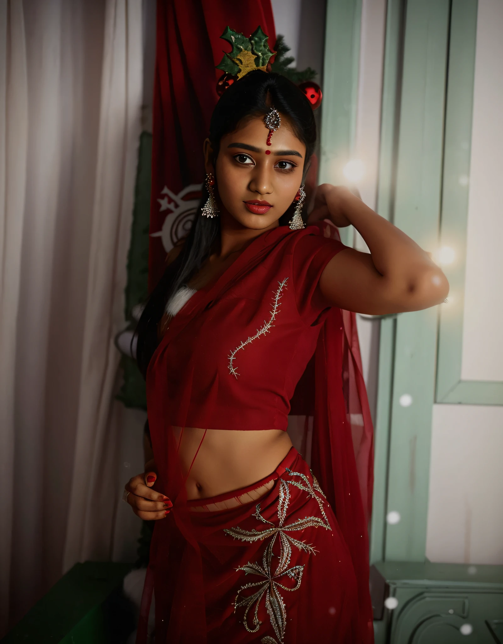 18 year old, female Bengali model, (christmasbckdrp:1.2), inside,presents,christmas dress,