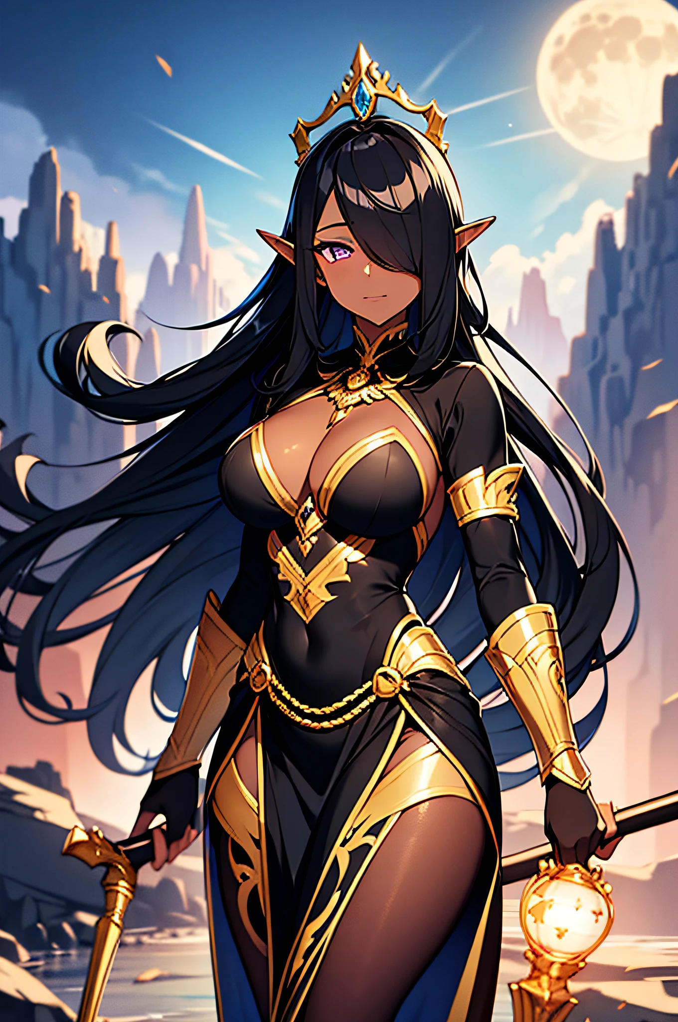 Anime style, perfect face, high resolution, (masterpiece), 4k, portrait, ((from front)), ((1woman)), Elf, ((detailed black flowing hair tied up with golden ornament)), ((hair over one eye)), adult, mature, ((dark skin)), (bright violet eyes), stoic, (medium chest), wide hips, long legs, (Black and gold fantasy armor with exposed belly and cleavage), elegant, standing by cliff, (wielding golden magic staff in one hand), ((magical background)), night time, full moon, (mystery), dark lighting, mountain range scenery, (mist)