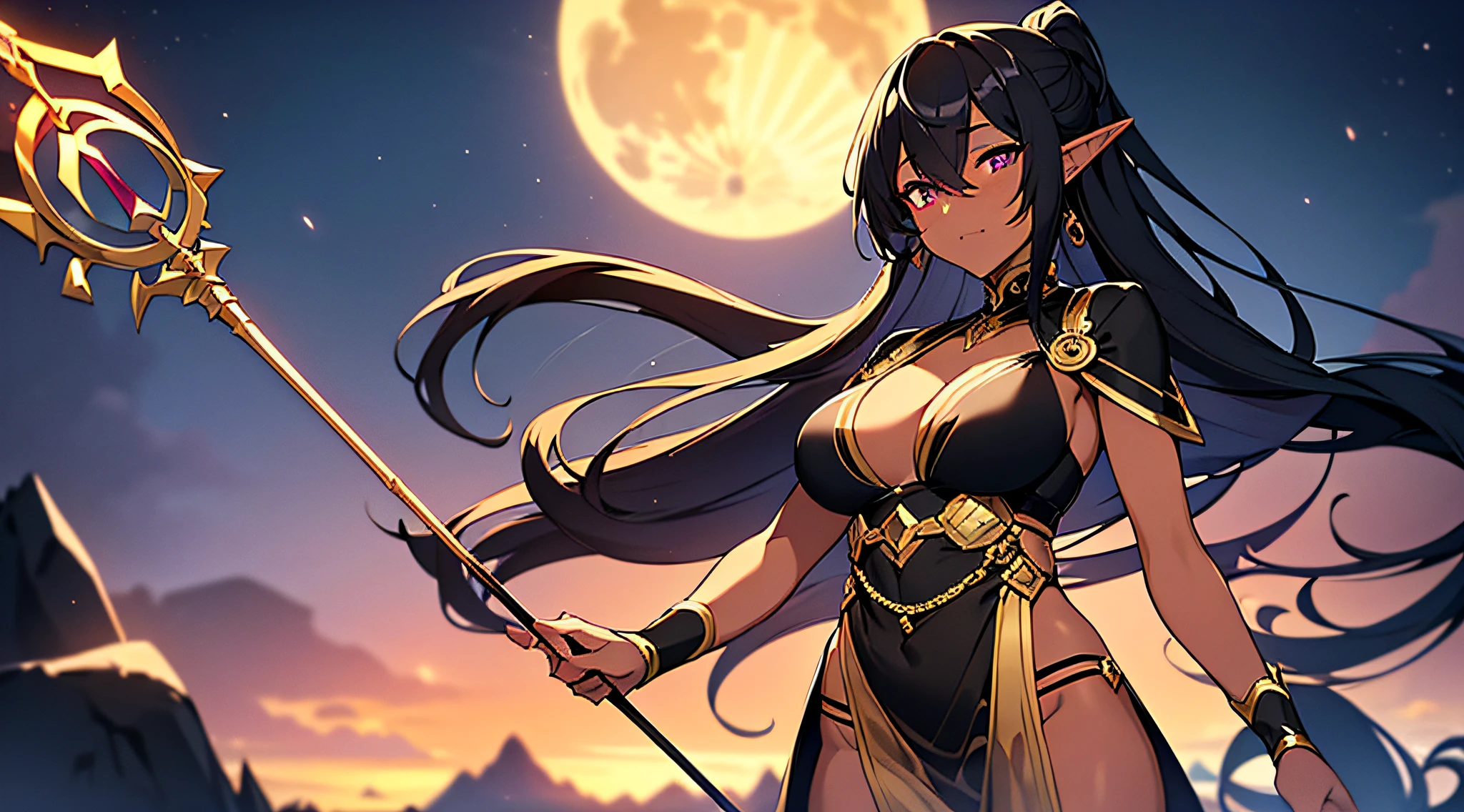 Anime style, perfect face, high resolution, ((masterpiece)), ultra detailed, 4k, portrait, ((from front)), ((1woman)), Elf, ((detailed black flowing hair tied up with golden ornament)), ((hair over one eye)), adult, mature, (((dark skin))), (bright violet eyes), stoic, (medium chest), wide hips, long legs, (Black and gold fantasy armor with exposed belly and cleavage), elegant, standing by cliff, (wielding golden magic staff in one hand), ((magical background)), night time, full moon, (mystery), dark lighting, mountain range scenery, (mist)