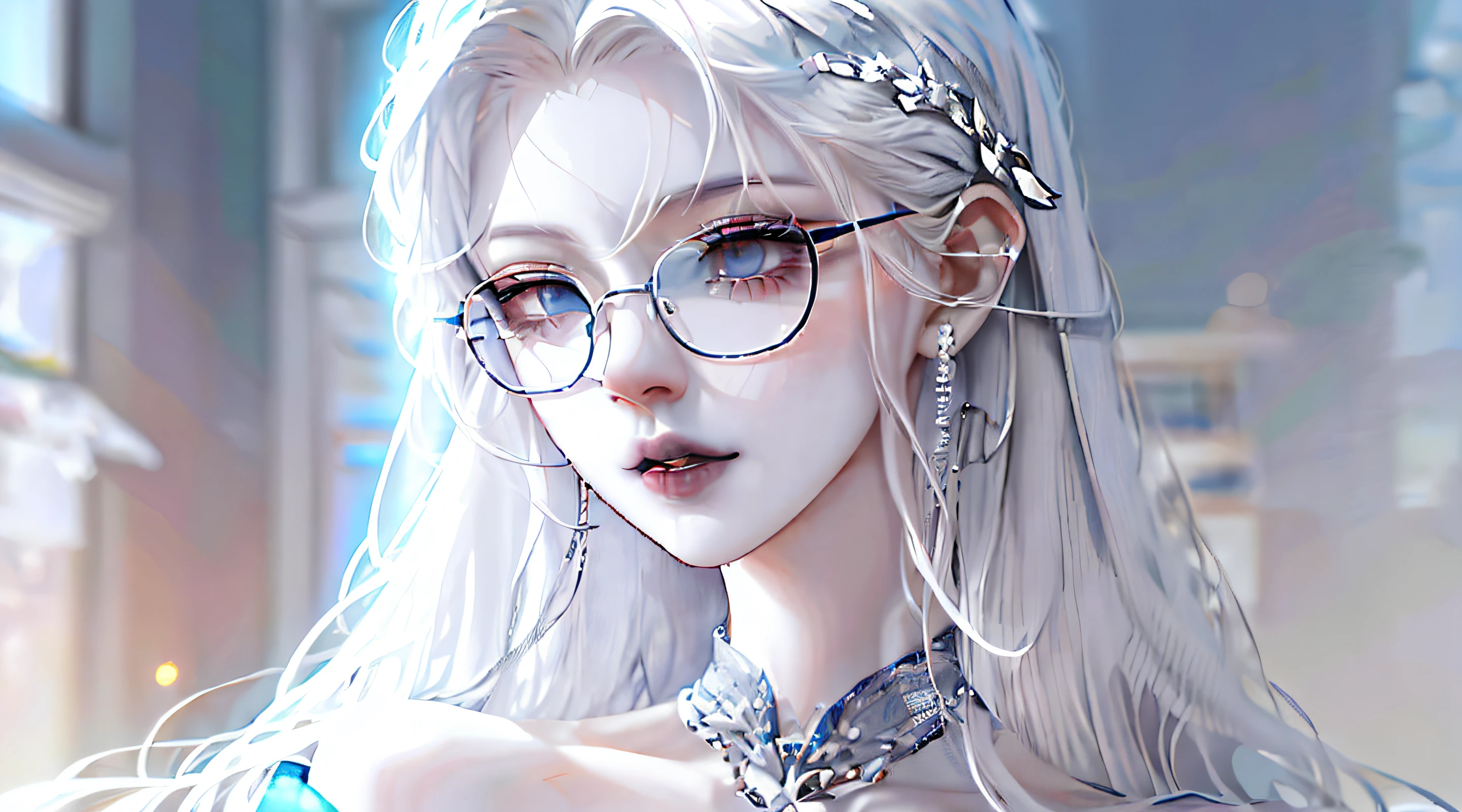 a close up of a woman with long blue hair and glasses, long straight silver hair, pale goth beauty, with white long hair, long white hair and bangs, light gray long hair, silver long hair, with long white hair, silver hair girl, long silver hair, sky blue straight hair, girl silver hair, pastel goth aesthetic, white hime cut hairstyle