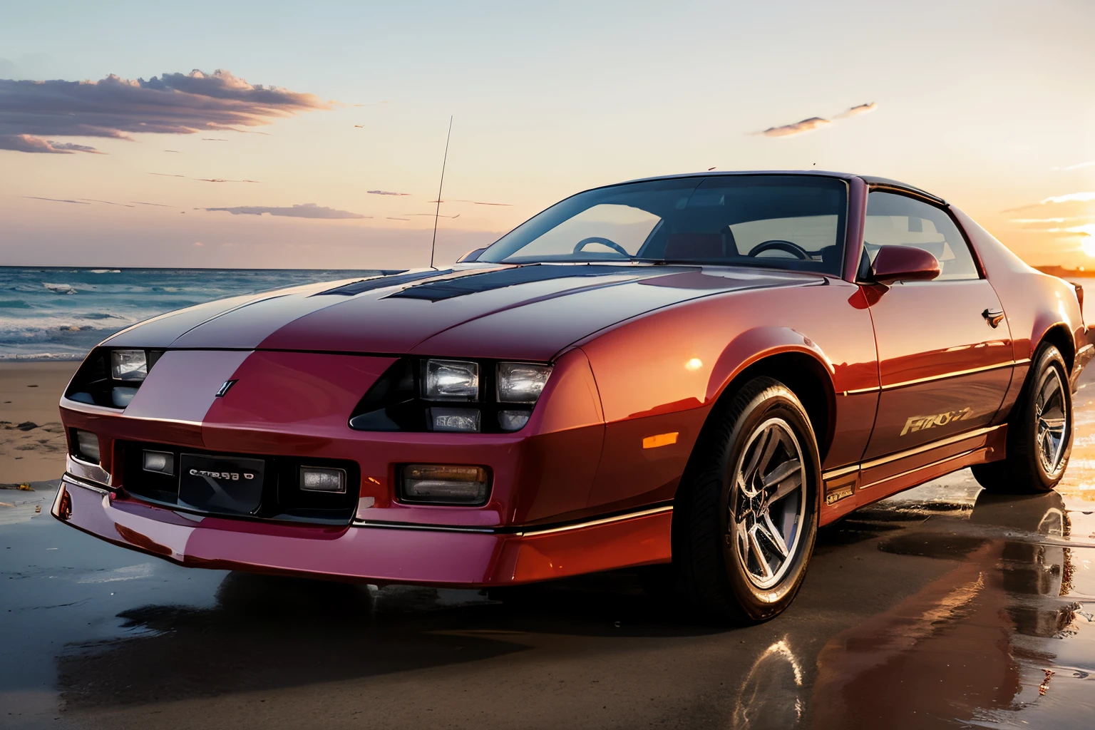 camaroirocz (portrait of a man:1.2) wearing the 80's summer suit and sunglasses leaning on a red car parked by the beach at dusk, high resolution, high quality, intricate detail, very sharp