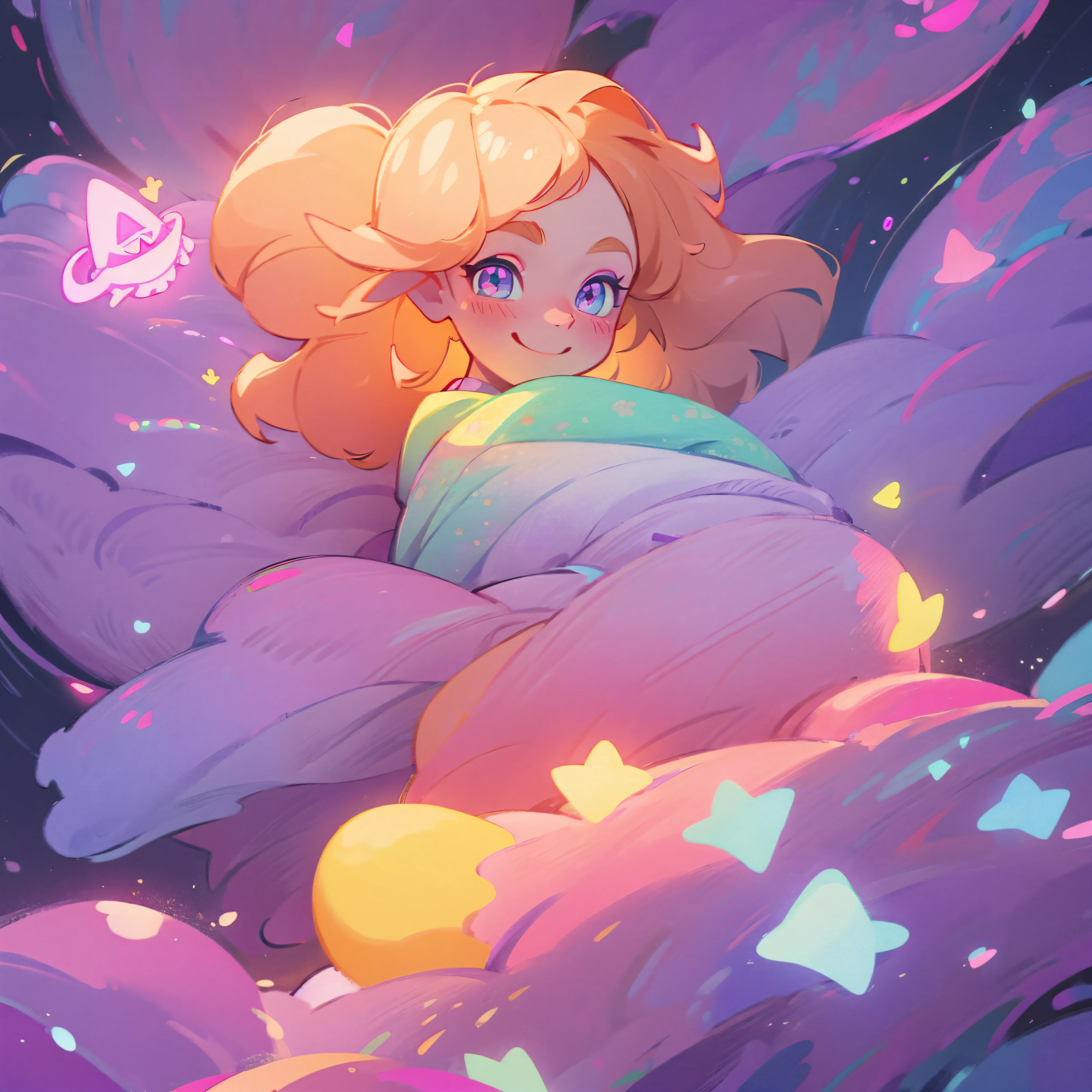 Fantasy art, one beautiful girl in a dress, Smiling, Dreamy colors, glowing around, light background, neon water magic, symmetric eyes, symmetrical nose, emerald eyes, black symmetrical pupils, dark brown hair with soft pink and purple curls, Casual styles in beige or white with a cute, magical neon print., Detailed magical fantasy city background, Magic City, neon lights, UHD, 128 K.