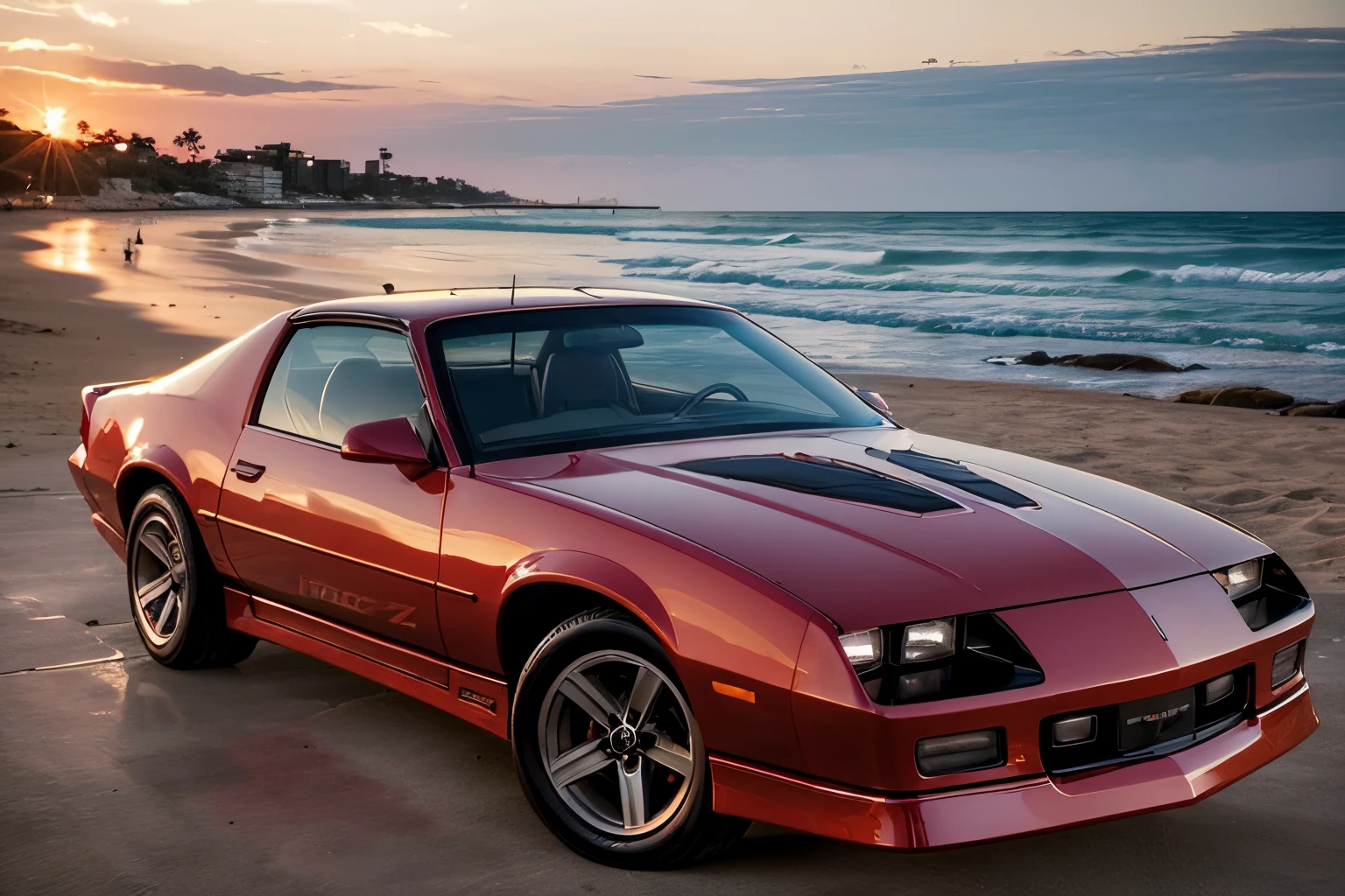 camaroirocz (portrait of a man:1.2) wearing the 80's summer suit and sunglasses leaning on a red car parked by the beach at dusk, high resolution, high quality, intricate detail, very sharp