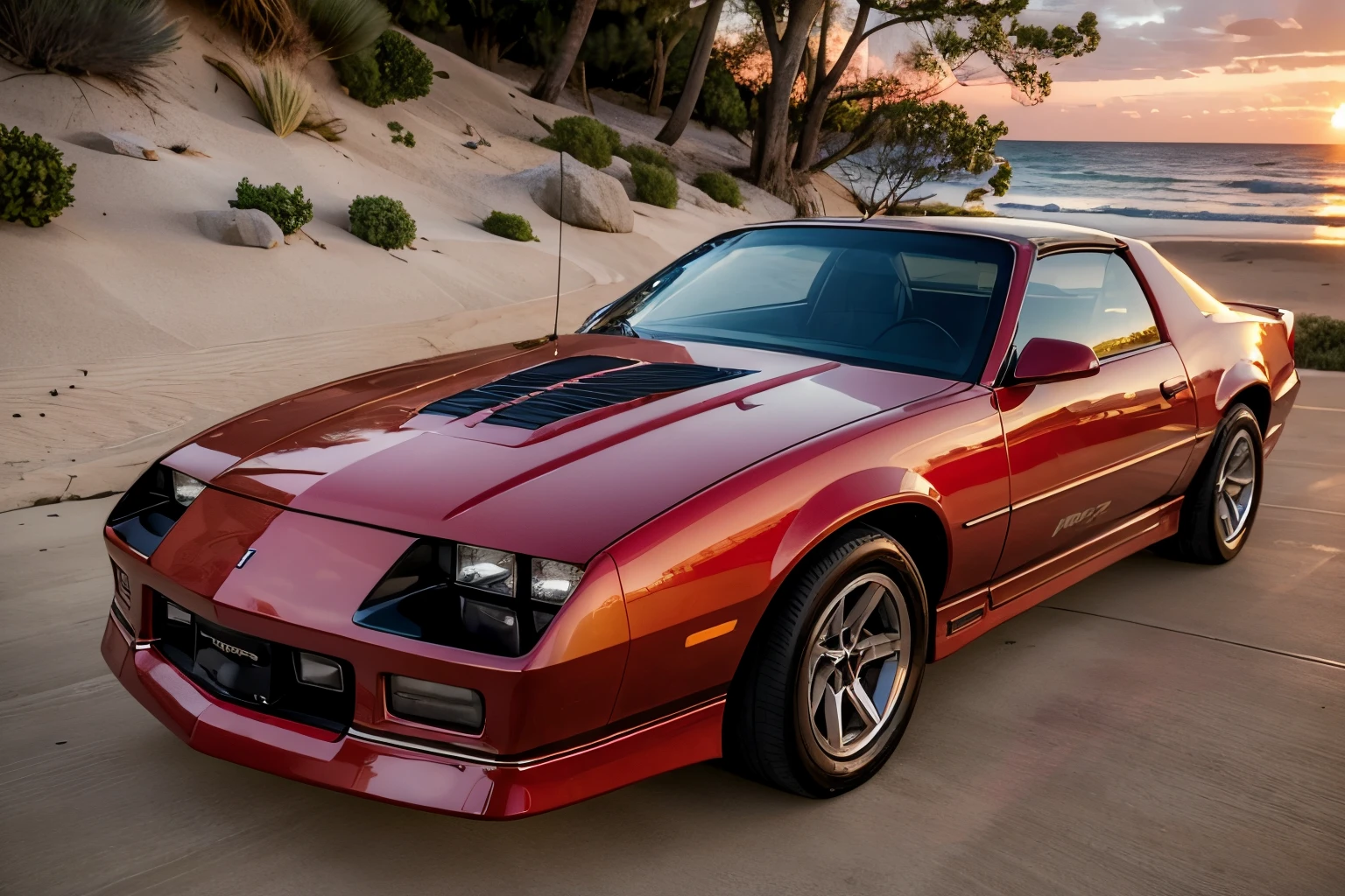 camaroirocz (portrait of a man:1.2) wearing the 80's summer suit and sunglasses leaning on a red car parked by the beach at dusk, high resolution, high quality, intricate detail, very sharp