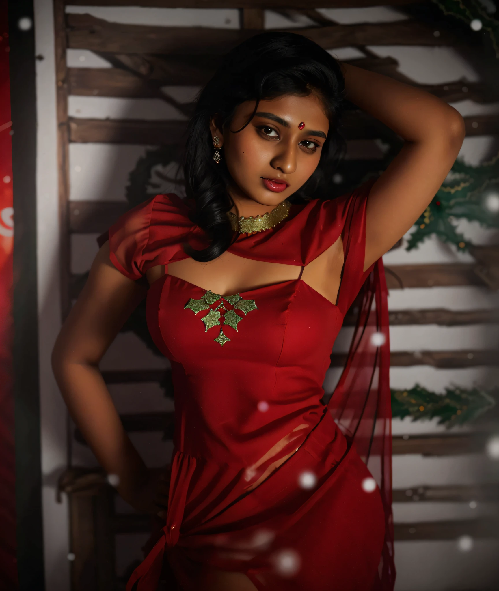 18 year old, female Bengali model, (christmasbckdrp:1.2), inside,presents,christmas dress,