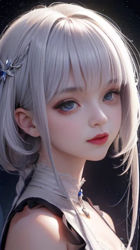 ((folha de caracteres)), (various angles and expressions),, fechar para cima, busto apenas, close de uma mulher com cabelo comprido, curly hair, (cabelos brancos), e um vestido roxo, Anime Girl with Cosmic Hair, bela arte digital, bela arte digital bonita,(roupas roxaela arte digital, Arte bonita UHD 4K, bela arte digital, iluminado, (Atmospheric Illumination), arte digital 4K altamente detalhada, belo retrato da arte de fantasia, bela arte de fantasia, arte de fantasia digital, goddess of galaxies, pele detalhada, detalhes do rosto, ((cabelo platinado;))arte digital, ((conceito de personagem)) detalhado em 4k, rosto bonito detalhado.