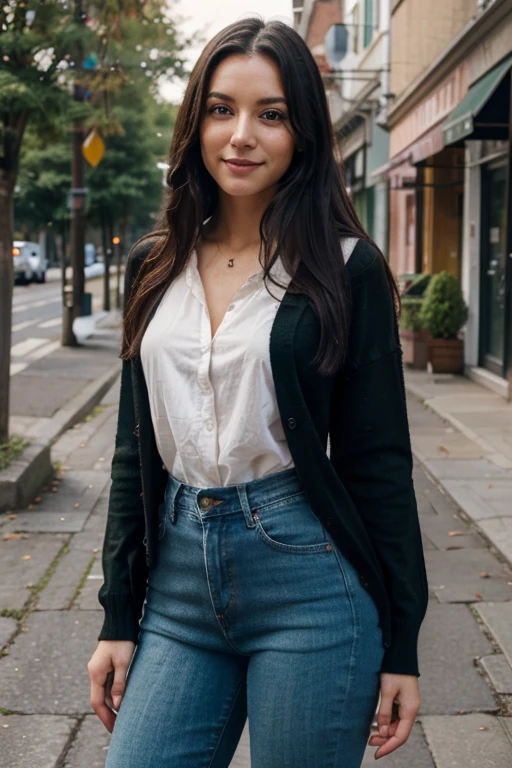 1girl, Solo, One woman of about 25 years old, black long hair, Close-up portrait, Hazel eyes,happy face ,green cardigan, shirt, jeans, standing outside, street photography, mature woman, body measurement 36-25-35, RAW Photography, 8k, , Masterpiece, Full Body Shooting, Top Quality, Fine Pore, Realistic, Photorealistic, Ultra Detailed