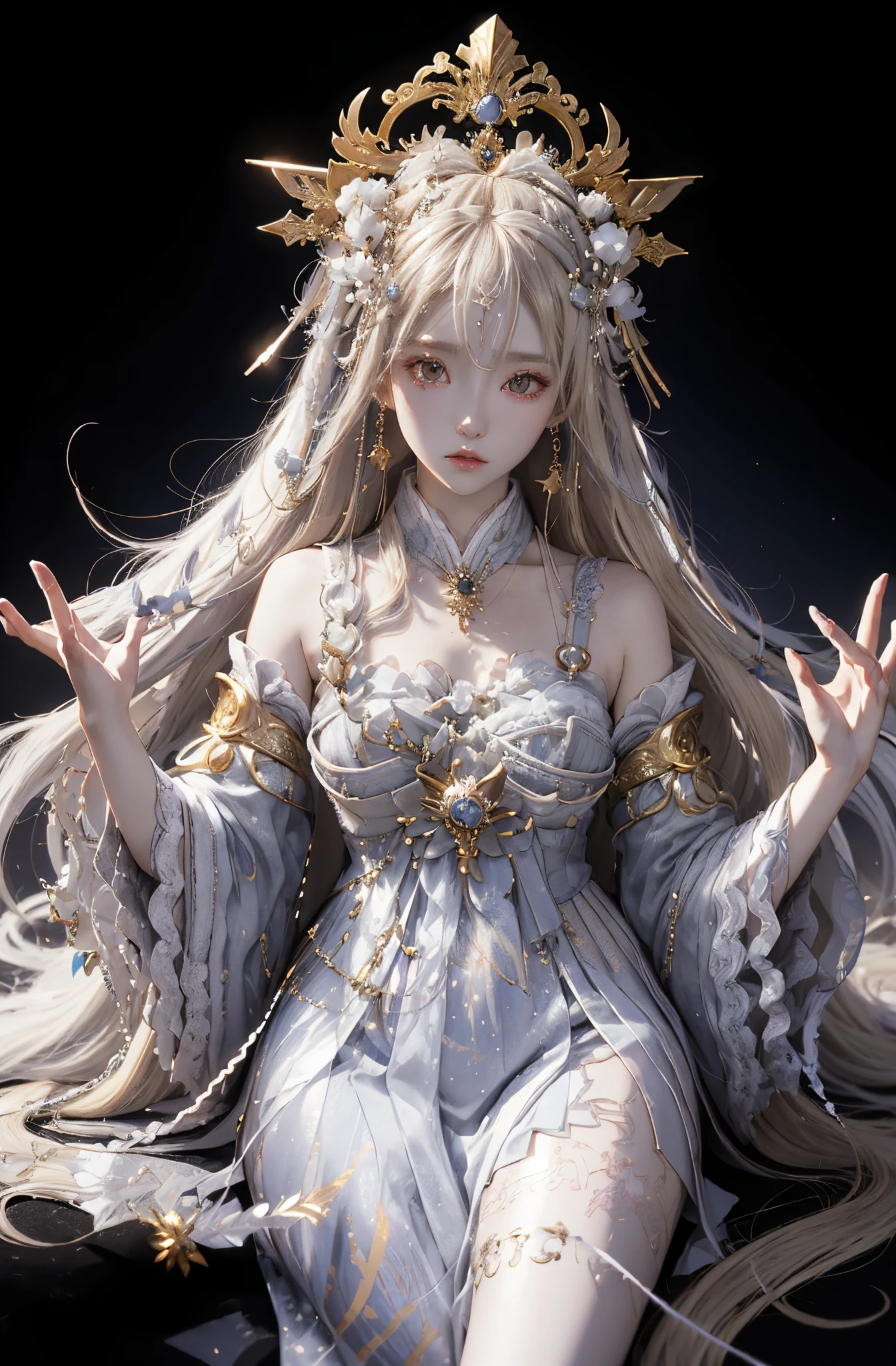 Anime girl with long blond hair and gold jewelry in front of black background, onmyoji detailed art, anime goddess, portrait onmyoji, Onmyoji, white haired god, the goddess artemis smirking, goddess of the moon, intricate gorgeous anime CGI style, Beautiful fantasy empress, Works of the Goddess of Sorrow, goddess of the moon, goddess of the moon