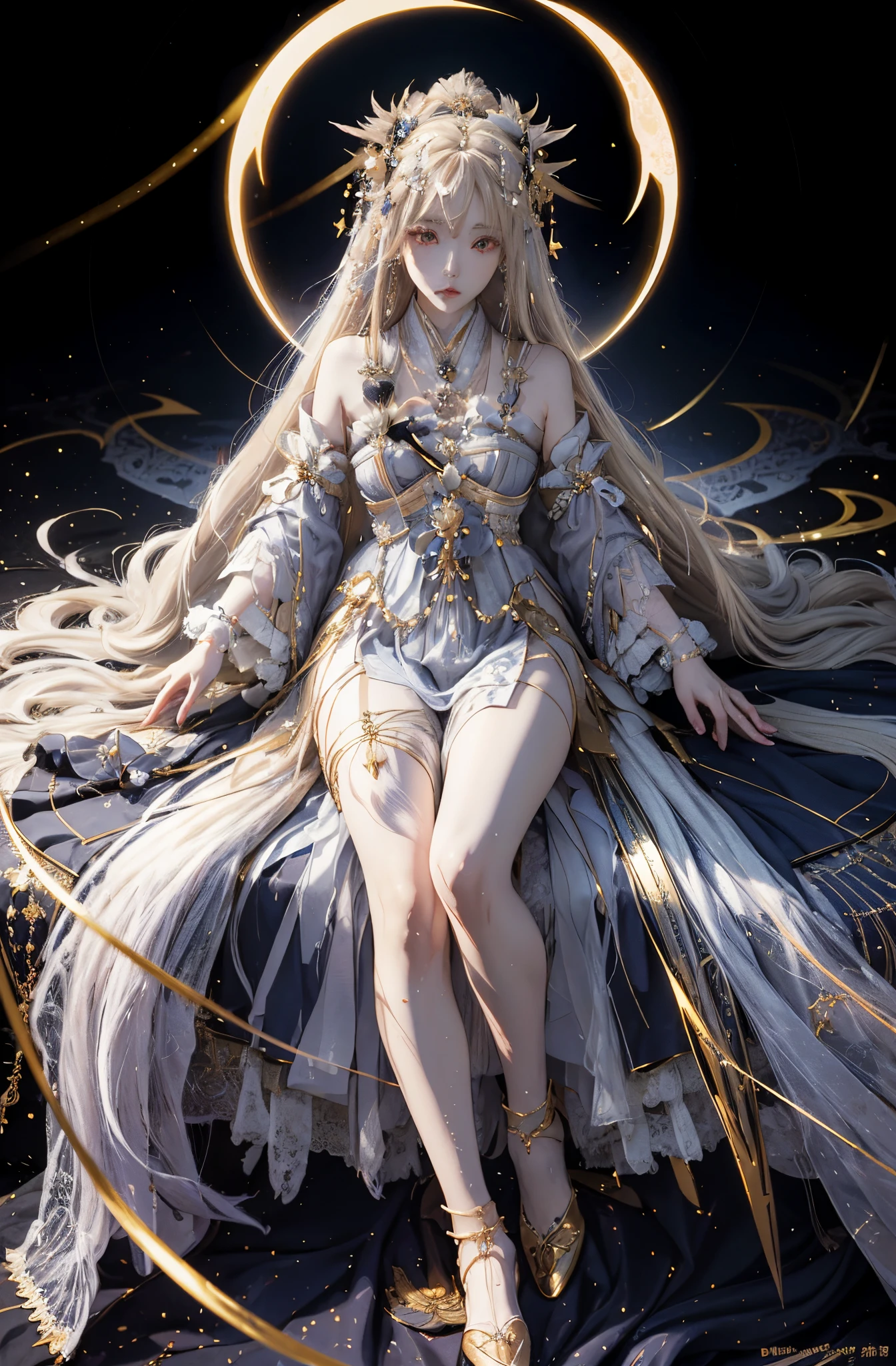 Anime girl with long blond hair and gold jewelry in front of black background, onmyoji detailed art, anime goddess, portrait onmyoji, Onmyoji, white haired god, the goddess artemis smirking, goddess of the moon, intricate gorgeous anime CGI style, Beautiful fantasy empress, Works of the Goddess of Sorrow, goddess of the moon, goddess of the moon