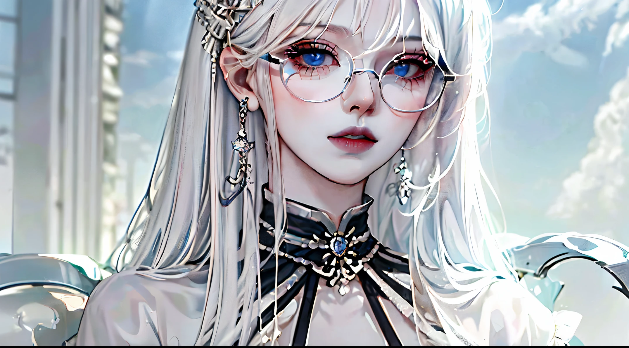 a close up of a woman with long blue hair and glasses, long straight silver hair, pale goth beauty, with white long hair, long white hair and bangs, light gray long hair, silver long hair, with long white hair, silver hair girl, long silver hair, sky blue straight hair, girl silver hair, pastel goth aesthetic, white hime cut hairstyle