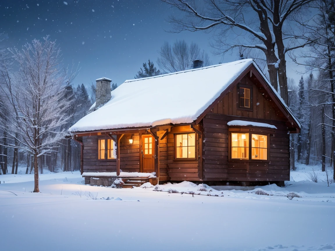 (cozy wooden house:1.1),(falling snow, snowflakes dancing in the air:1.08),(clear winter night with clear sky:1.06),(magical winter forest covered with snow: 1.04), (soft and warm lighting illuminating the wooden house : 1.02), (realistic winter scenery), (high resolution image: 1.2), (vivid colors), (wood texture: 1.1), (fine snowflake details: 1.03)