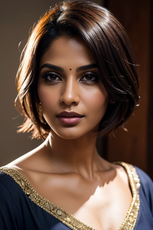 [[Short and Layered Bob]] Portrait of most beautiful and attractive Indian woman in her 30s as a beautiful female model, beautiful face, dramatic lighting, trending on art-station, portrait, digital art, modern, sleek, highly detailed, formal, determined, pink liner lipstick, soft lips, black eyes, happy,