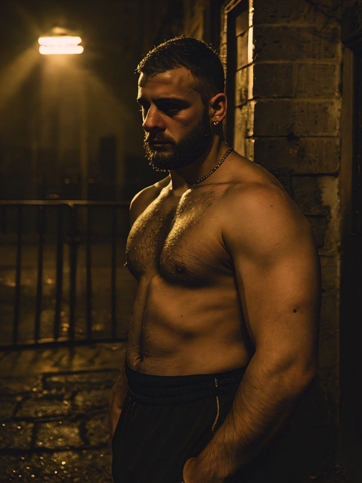 masterpiece, best quality, 1boy,  male, beard, chav, rough, dirty, Mancunian, mean, bully, druggy, skinhead, in the neighbourhood, big arms and pecs , realistic, dramatic lighting, atmospheric, intricate detail,