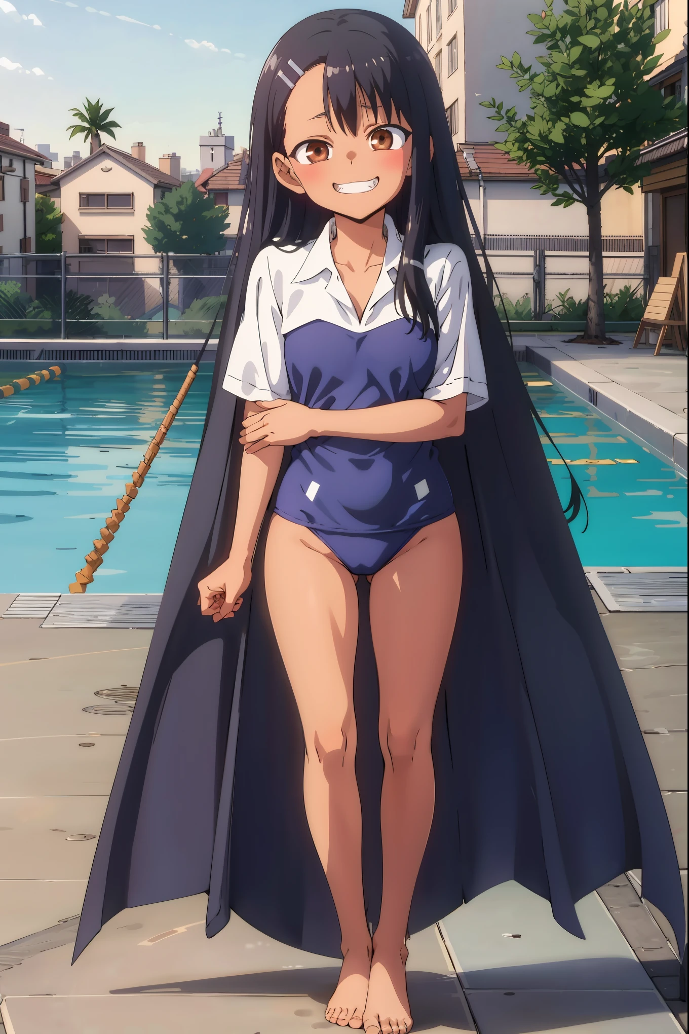 HDR, CG, sharp focus, (8k), (4k), masterpiece, best quality, sharp focus, extremely detailed, intricate, hyper detailed, nagatoro hayase, brown eyes, black hair, bangs, long hair, dark skin, hairclip, blue swimsuit, barefoot, standing, arms behind body, looking at viewer, outdoors, pool, evil grin