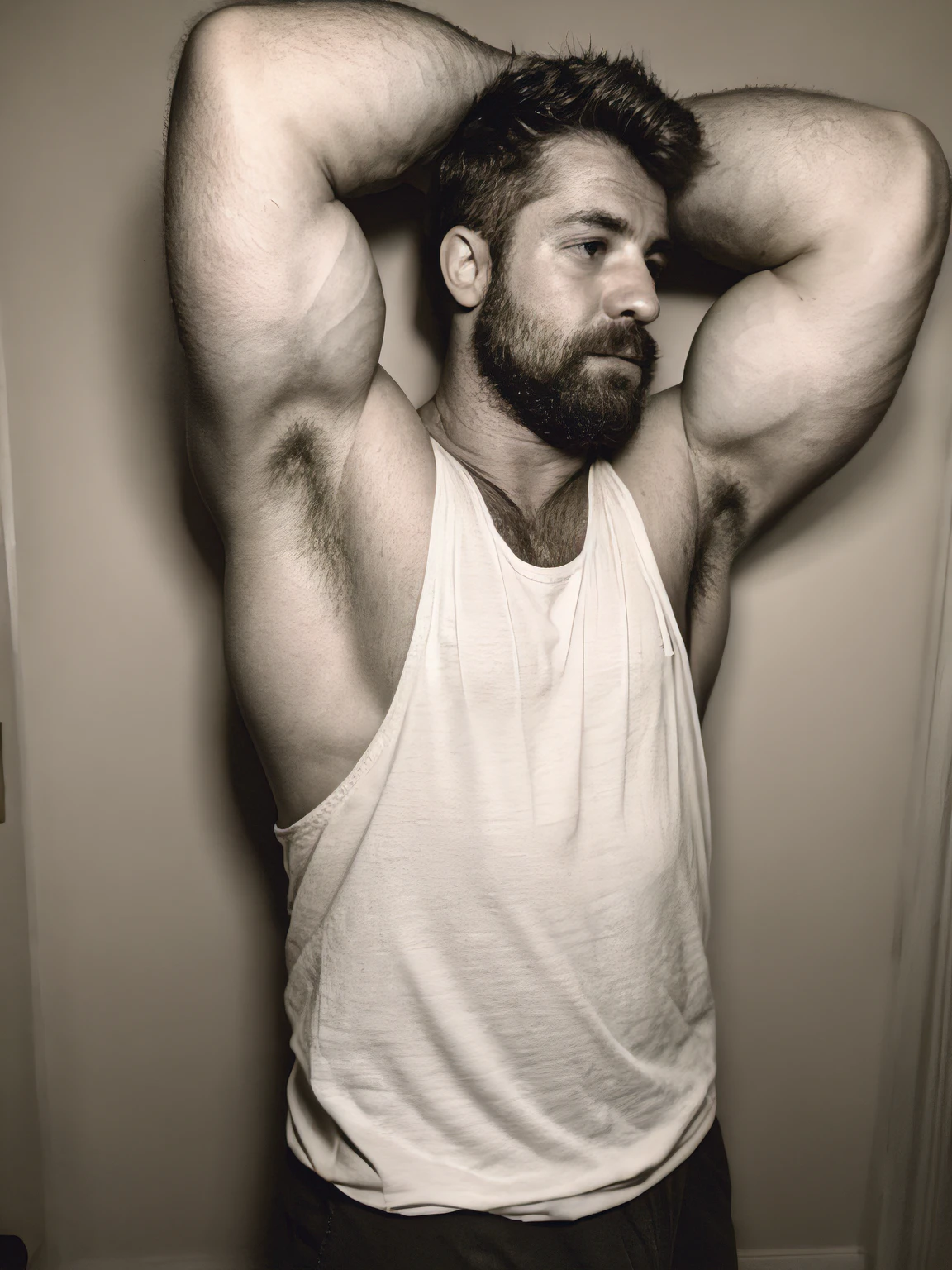 Paloroid image, old distroted, thirstrap, Hot hunky uncle with huge arms and pecs, , hairy, macho, ugly, wearing a white tank top:1.4, relaxing at home, hot photo, erotic photo