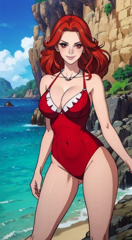 masterpiece, best quality, girls, pale skin, red eyes, giant red hair, ((hair highlights effect)), ((hair in eyes)), ((outfit)), ((ultra detailed)), breasts , cleavage, sexy outfit, neck accessory, eyebrow, ear, ((perfect)), smile, big breasts, background scenery, beach, standing, beautiful day, ultra detailed water, pov, looking at viewer, blushing , lustful,