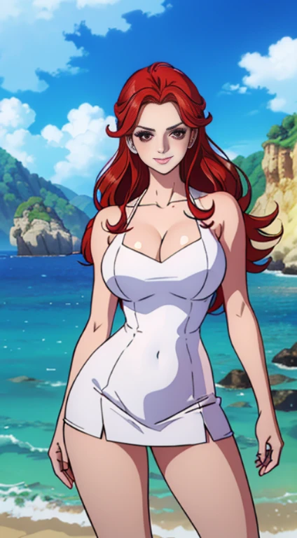 Code Geass, Kallen Stadfeldt 1girl, (((bimbo))), long red hair, puffy lips, painted lips, thick lips, wide hips, thick thighs, big breast, huge ass, revealing cleavage, erotic, Smile face, bubble butt, camel toe, Breasts, red bikini, hair flowing in the wind