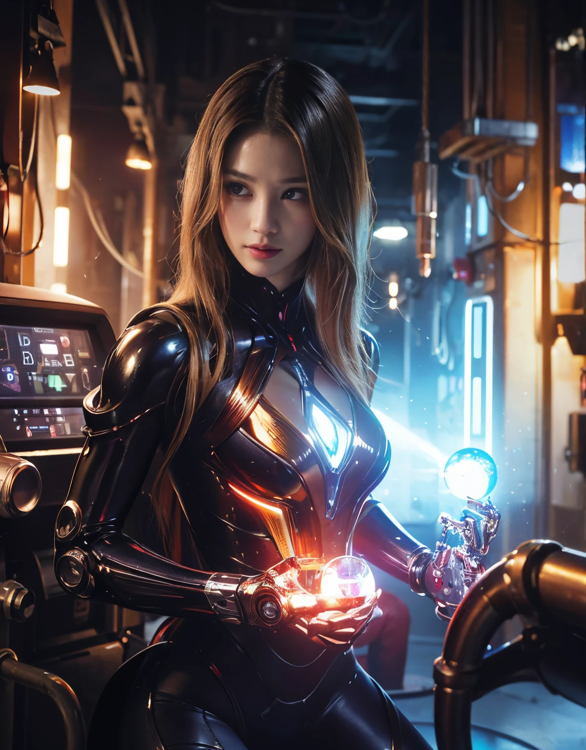 (1 mechanical girl and 1 alien)、(Mystical expression)、top-quality、masterpiece、超A high resolution、(Photorealsitic:1.4)、Raw photo、女の子1人、glowy skin、(((1 Mechanical Girl)))、((transparent crystal suit bodysuit、The body can see through)).(Natural alien background to fight aliens)、(Small LED)、((super realistic details))),globalillumination、Shadow、octan render、8K、ultrasharp、Robot background、Colossal tits、Raw skin exposed in the cleavage、red metal、Details of complex ornaments、Japan details、highly intricate detail、Realistic light、(Mystical expression),CG Society Trenlow Eyes、Eyes shining towards the camera、Mechanical marginal blood vessels connected to neon detail tubes)、(Wires and cables connecting to the head)、Small LED、,Mechanical thighs、Toostock、(Hands are also made of machines)、机器人、future alien、Please wear a mechanical helmet、