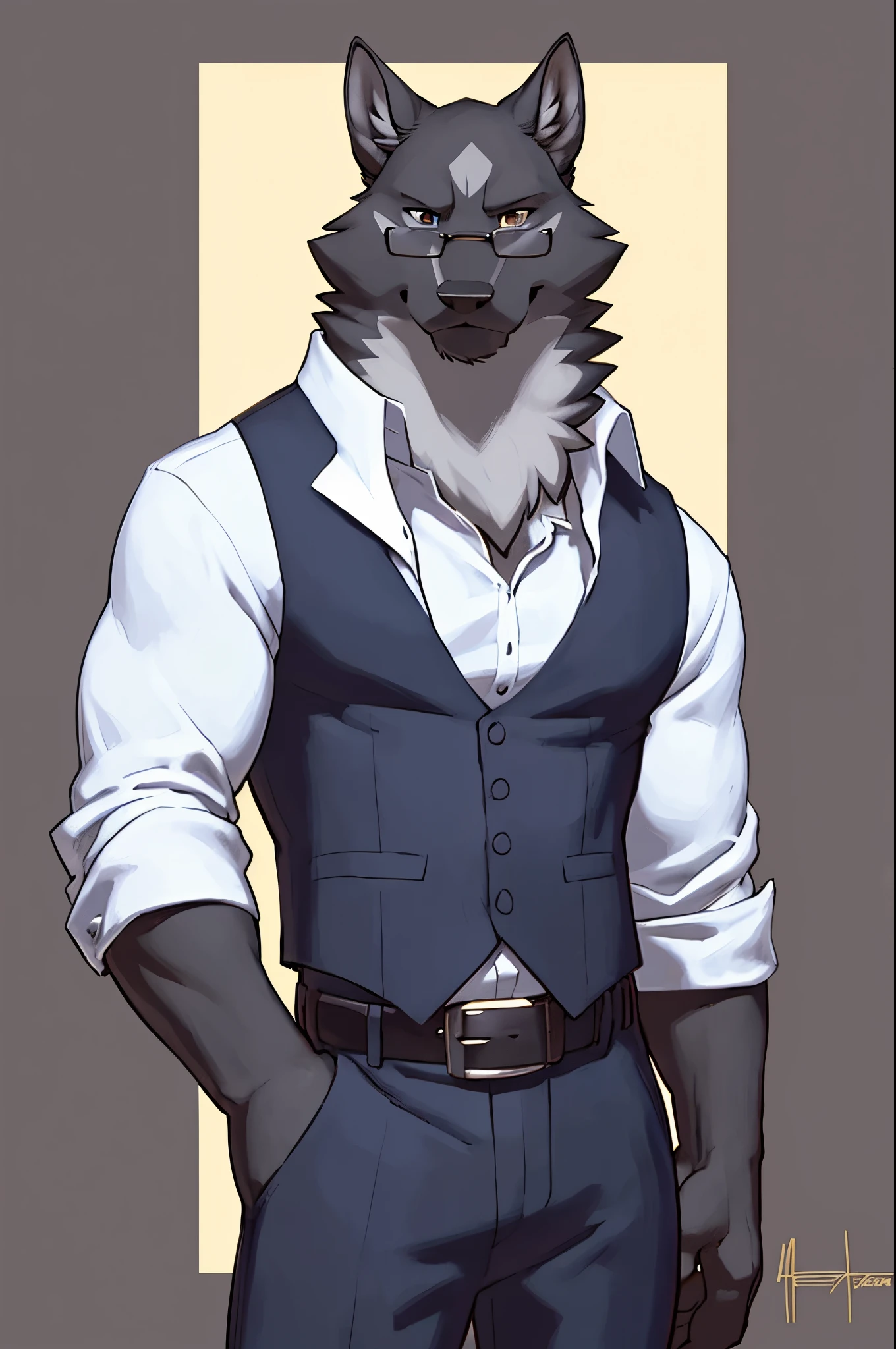 solo:1 vortex:0.8 \(helluva boss\), hellhound, skinny:1, masculine:1.2, black body, grey fur, red sclera, white eyes, male, (correct anatomy):1, solo, bare paws, red eyelids, black pupils, glasses, blue:1 vest, black collar, collared (white shirt):1.4 long sleeves, black pants, belt, by takemoto arashi, by meesh, by Taran Fiddler)