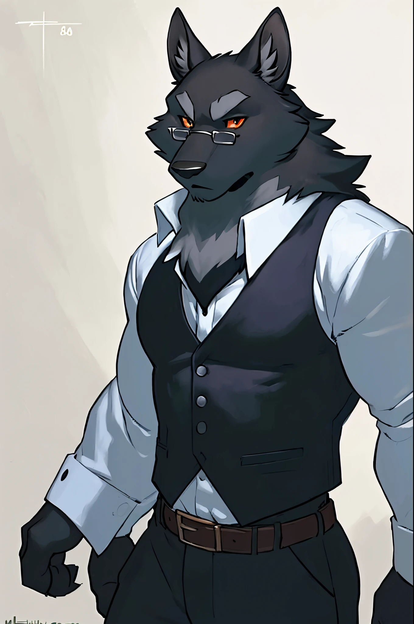 solo:1 vortex:0.8 \(helluva boss\), hellhound, skinny:1, masculine:1.2, black body, grey fur, red sclera, white eyes, male, (correct anatomy):1, solo, bare paws, red eyelids, black pupils, glasses, blue:1 vest, black collar, collared (white shirt):1.4 long sleeves, black pants, belt, by takemoto arashi, by meesh, by Taran Fiddler)