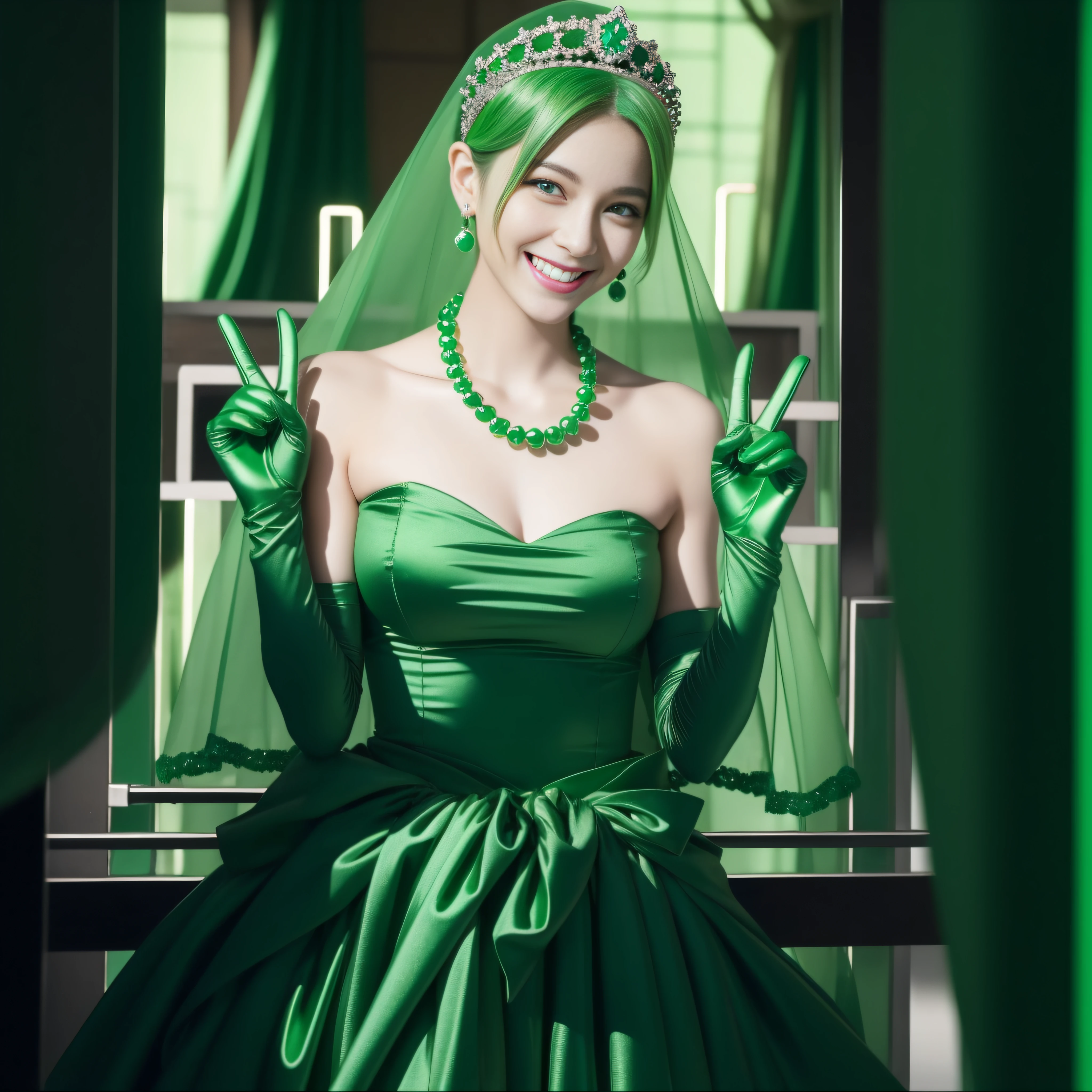 emerald tiara, Green Pearl Necklace, Boyish very short green hair, lipsticks, Japan woman smiling, very short short hair, big breasts beautiful, Green eyes, Long green gloves made of satin material, Green eyes, v sign,V-sign with both hands, Emerald Earrings, Green hair