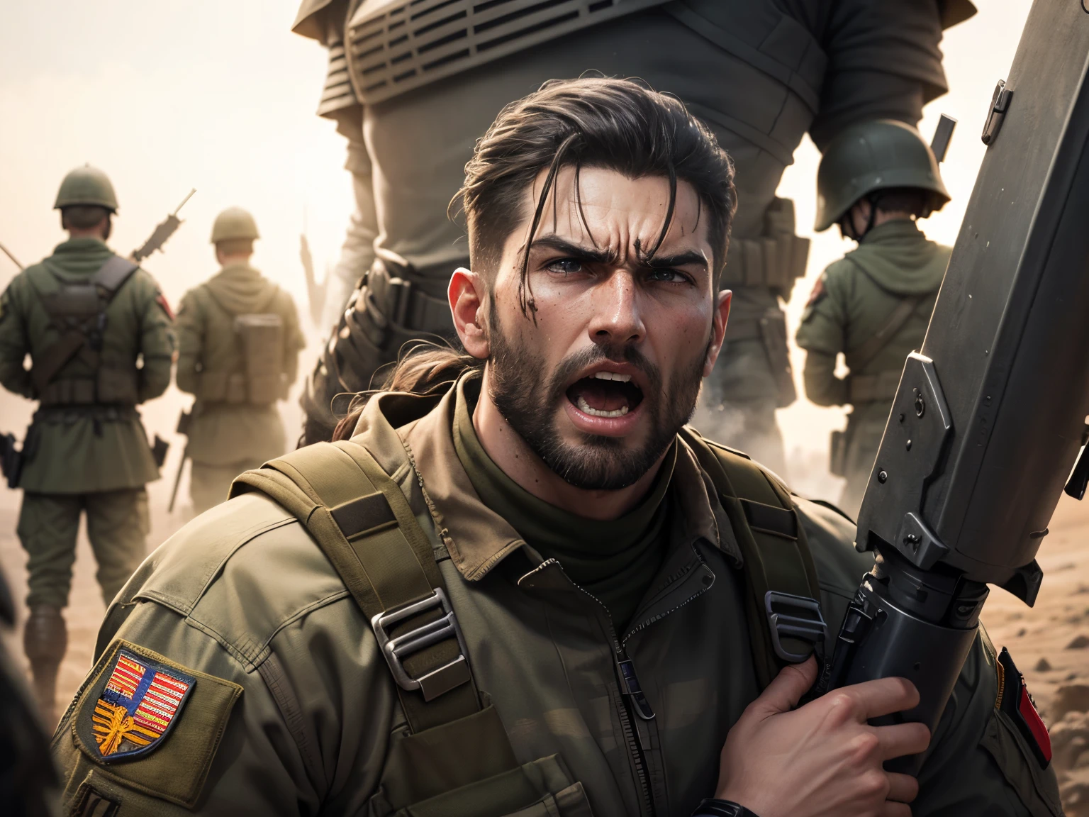 modern warrior commander, leader of the soldiers, commander, Screams "Behind me!!!"
