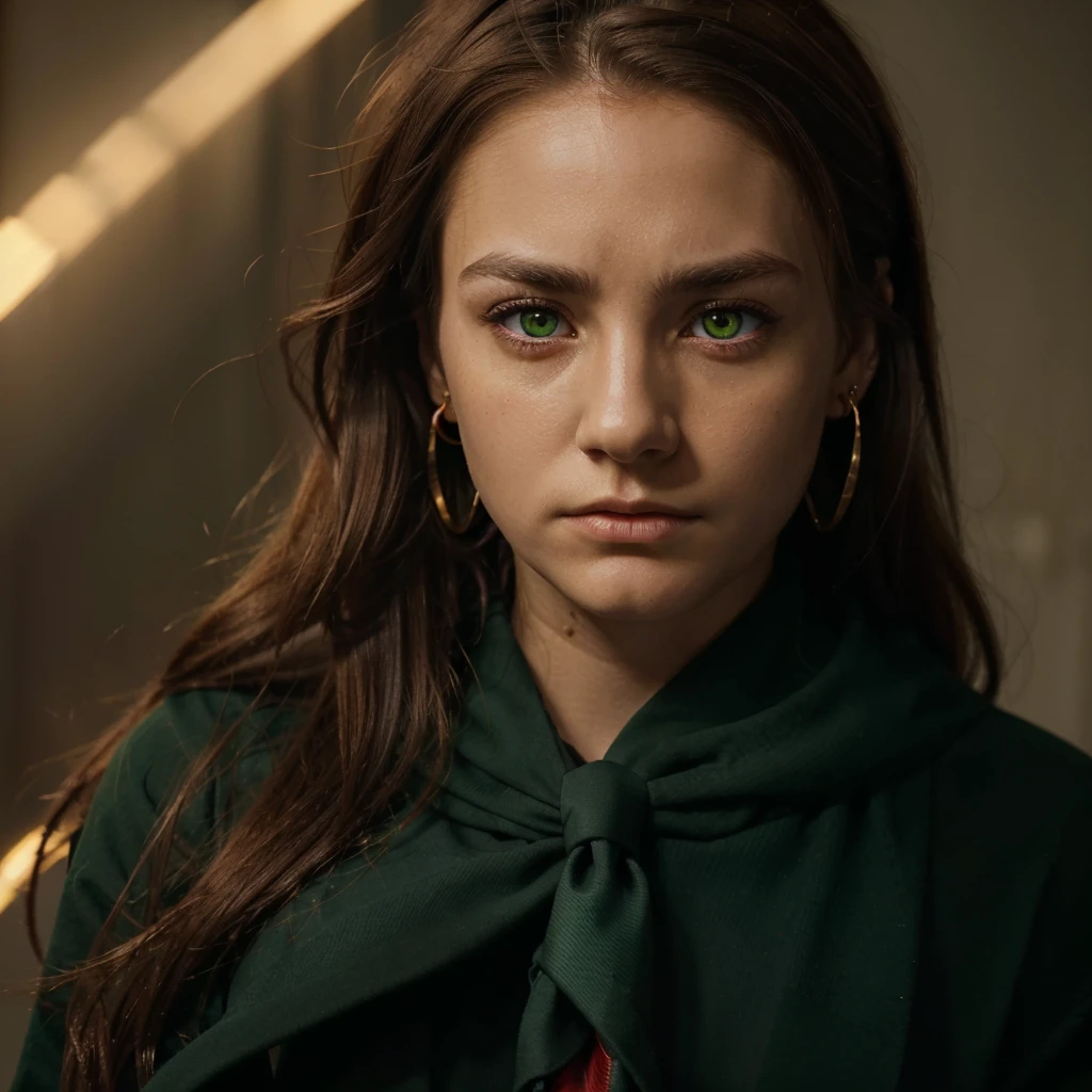 (best quality,4k:1.2),(anime:1.1),(dark green tie:1.1),(red tie),(brown hair:1.1),(small gold earring on right ear:1.1),(intense gaze with golden eyes:1.1),(cold expression),(emphasized black:1.1),(vibrant colors:1.1),(dramatic lighting:1.1)