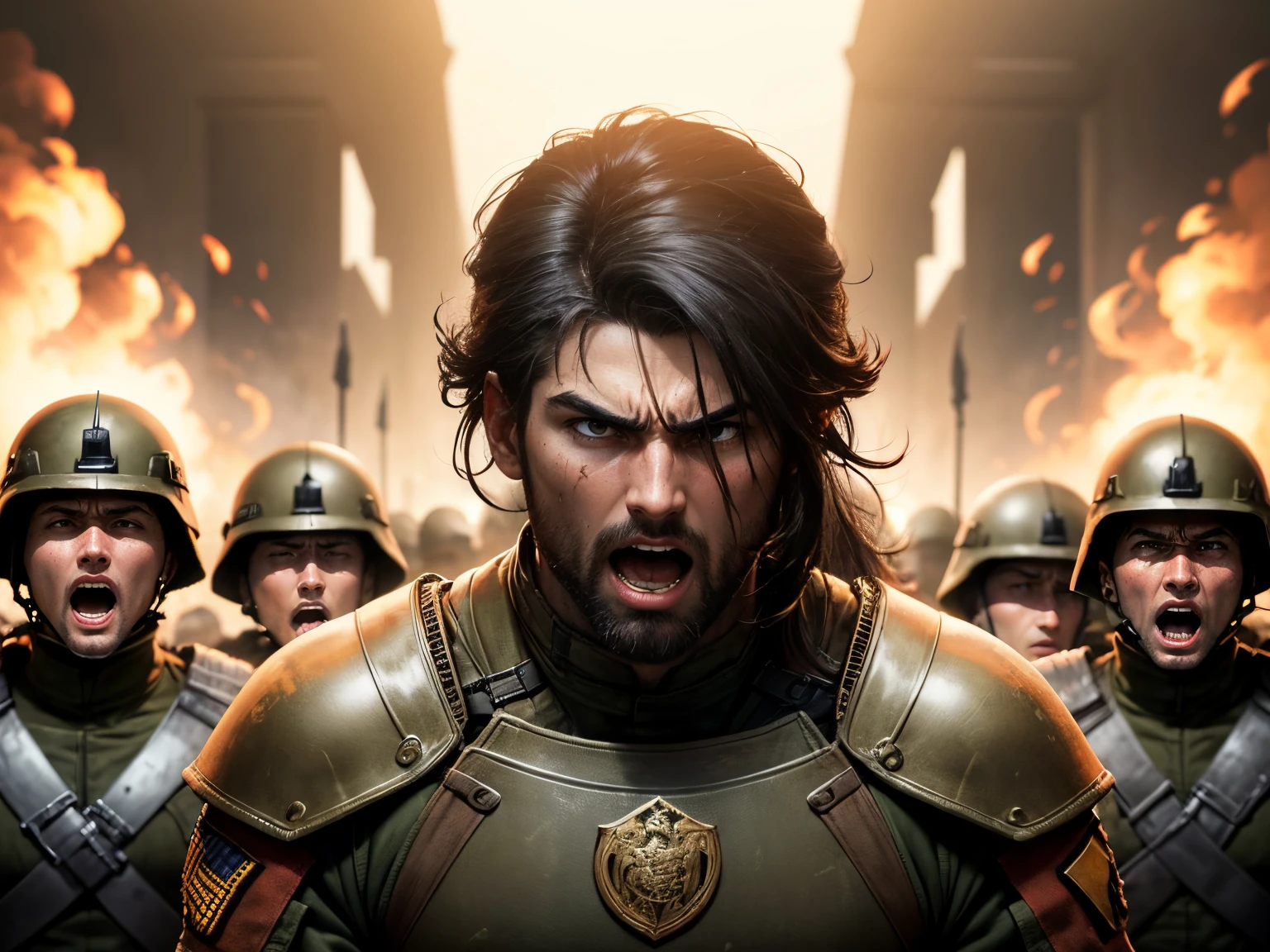 modern warrior commander, leader of the soldiers, commander, Screams "Behind me!!!"