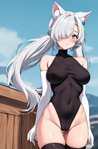 masterpiece, best quality, highres,Cat girl (white ears and tail), 1girl,(white) hair over one eye, twintails, jewelry, black thighhighs, (Black sheer) highleg tight leotard, highleg, turtleneck, visable cameltoe, (black) elbow gloves, walking, arms behind back, chest puffed out, outdoors, embarrassed,
