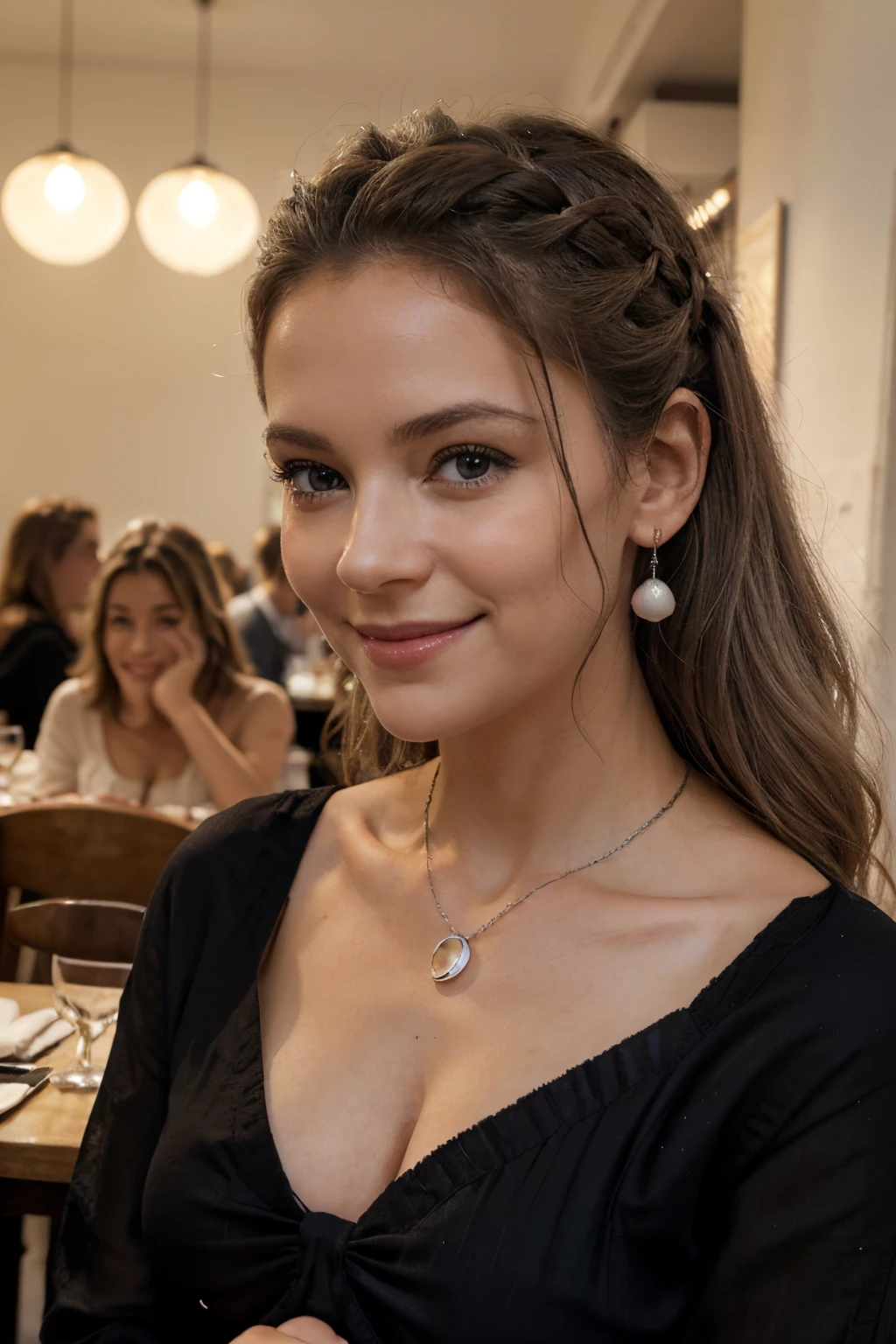 collier, very sunny, coucher de soleil, very smiling, yeux gris, petite boucle d'oreille en perle, maquillage pour faire visage, fond au restaurant avec clients, ((petite poitrine)), ((Robe noire))