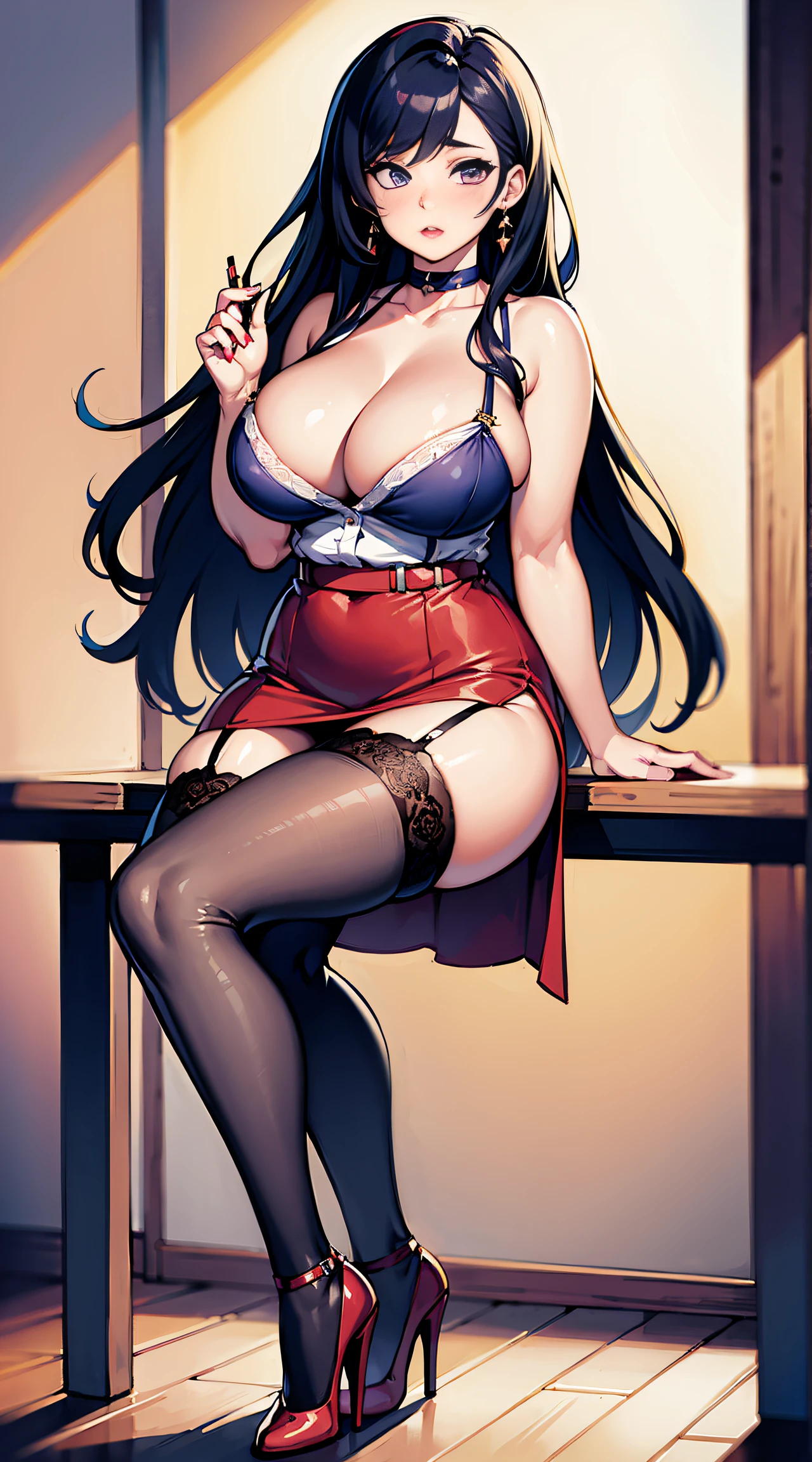 (Masterpiece, Best quality, High quality:1.4), (Curvy:1.1), Sit cross-legged at your desk, Office, (Full body shot:1.1),
Long hair, lipstick, Makeup, Ultra Detail Hair, Ultra Detail Face, (Purple eyes:1.05), Perfect eyes, Perfect face, Earrings, (Confused, Blush:1.2), (a garter belt:1.1), pencil skirts, office uniform, high-heels, tall, long sexy legs,
(Large breasts:1.1), cleavage, Big ass, Thighs,