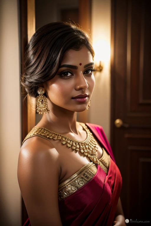 [[Asymmetrical Cut]] Portrait of most beautiful and attractive Indian woman in her 30s as a beautiful female model, beautiful face, dramatic lighting, trending on art-station, portrait, digital art, modern, sleek, highly detailed, formal, determined, pink liner lipstick, soft lips, black eyes, happy,
