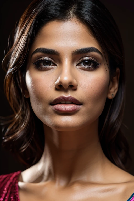 [[Asymmetrical Cut]] Portrait of most beautiful and attractive Indian woman in her 30s as a beautiful female model, beautiful face, dramatic lighting, trending on art-station, portrait, digital art, modern, sleek, highly detailed, formal, determined, pink liner lipstick, soft lips, black eyes, happy,